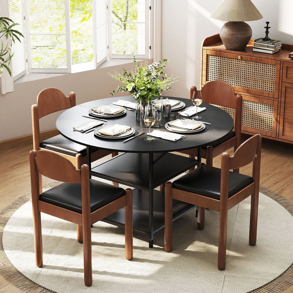 47 Inch Round Dining Table for 4-6 People Large Kitchen Table with 2-Tier Storage Shelves