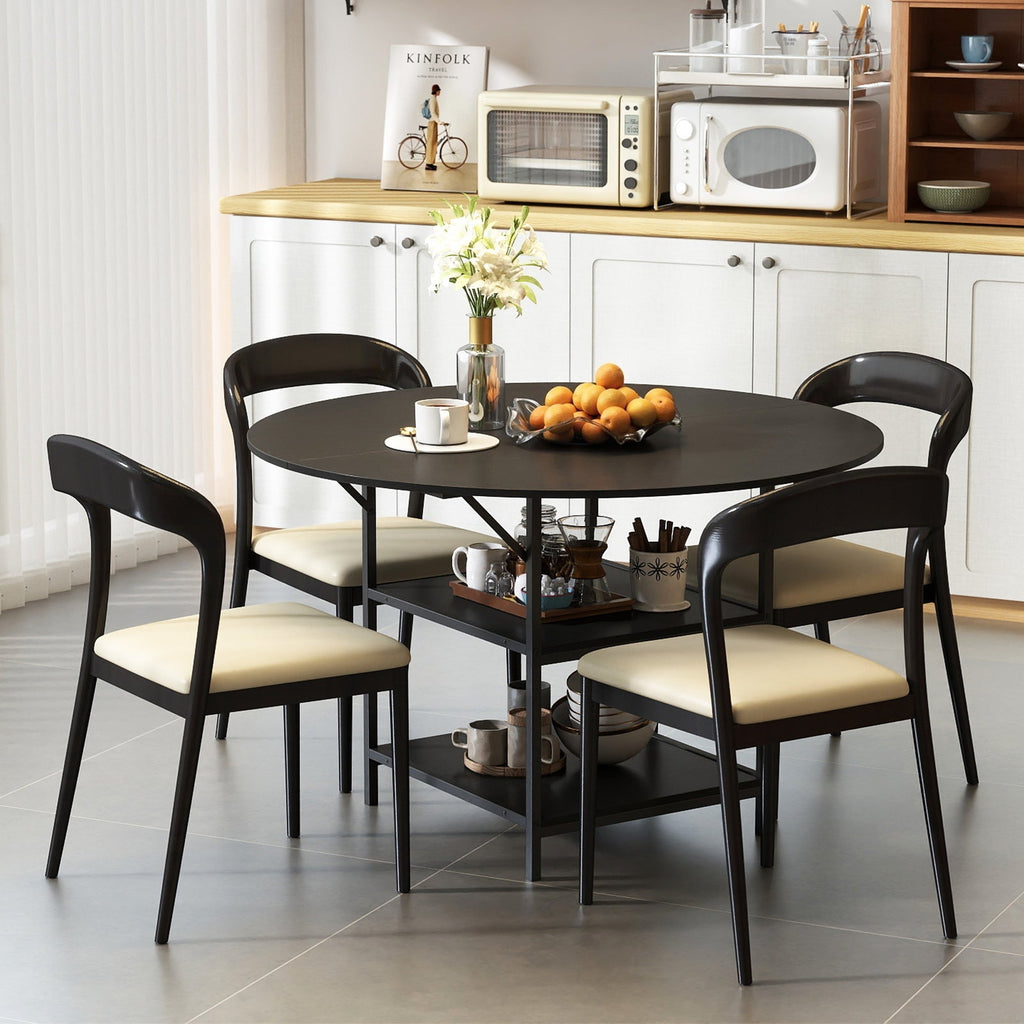 47 Inch Round Dining Table for 4-6 People Large Kitchen Table with 2-Tier Storage Shelves