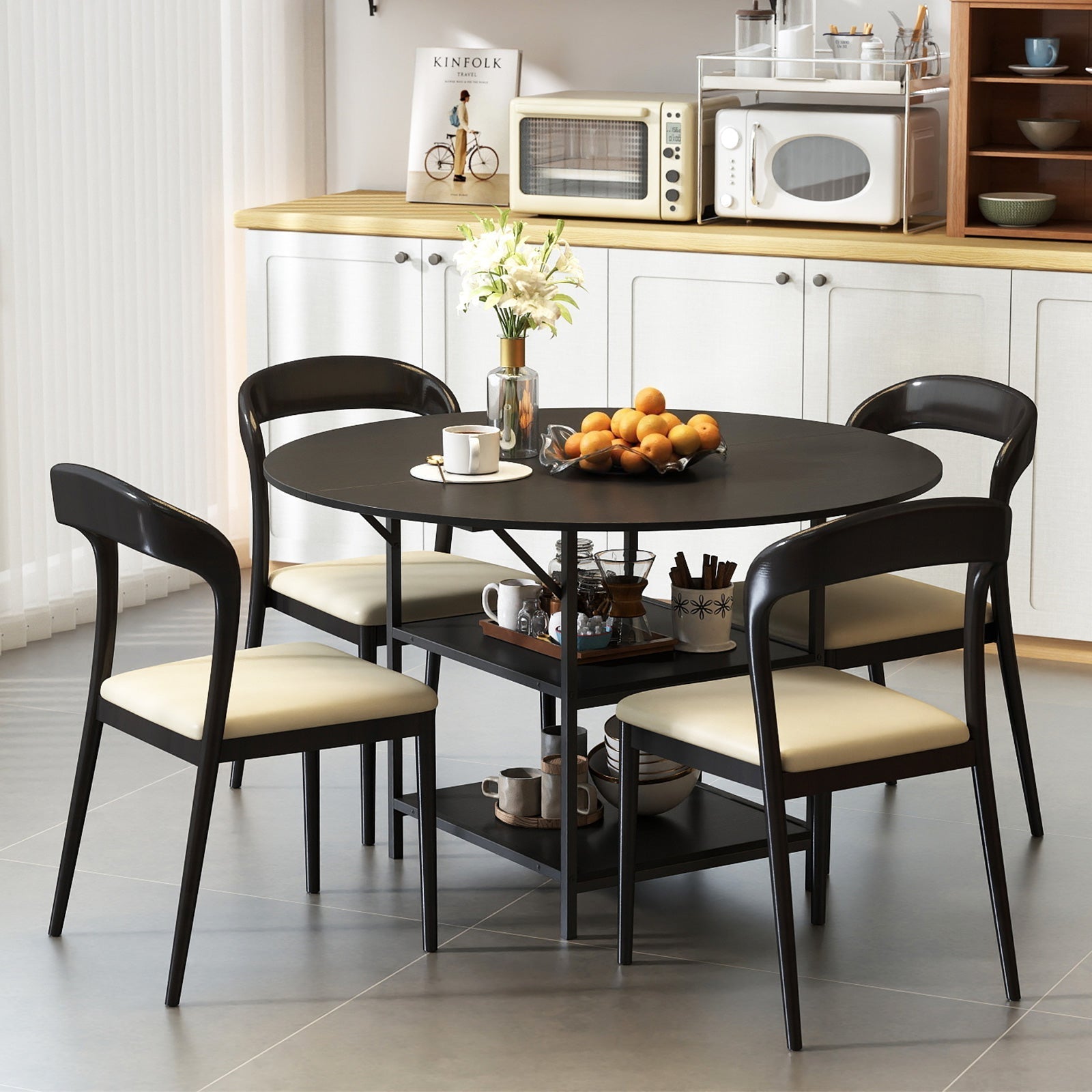 47 Inch Round Dining Table for 4-6 People Large Kitchen Table with 2-Tier Storage Shelves