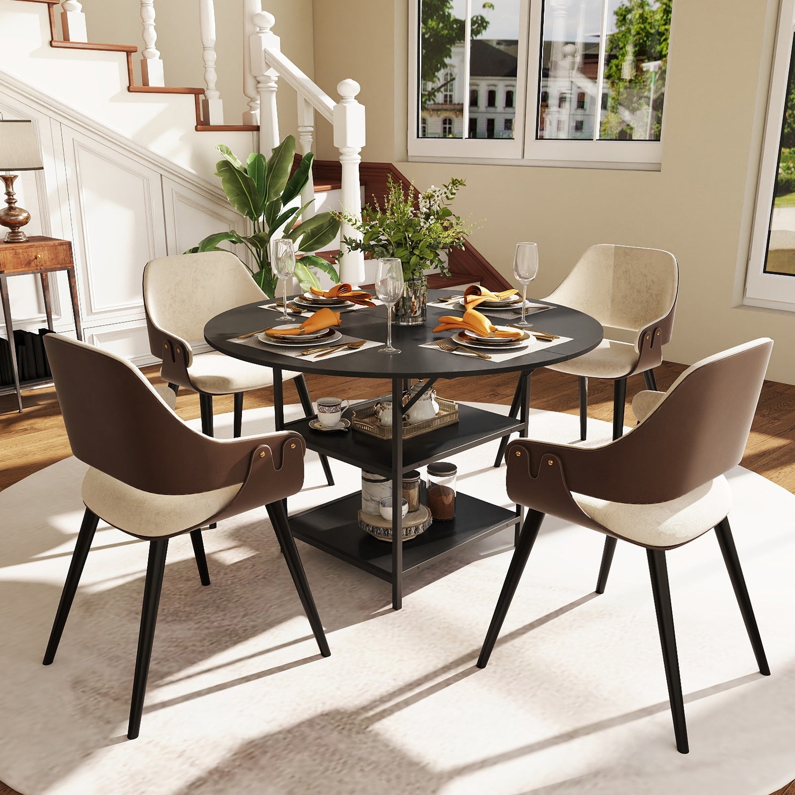 47 Inch Round Dining Table for 4-6 People Large Kitchen Table with 2-Tier Storage Shelves