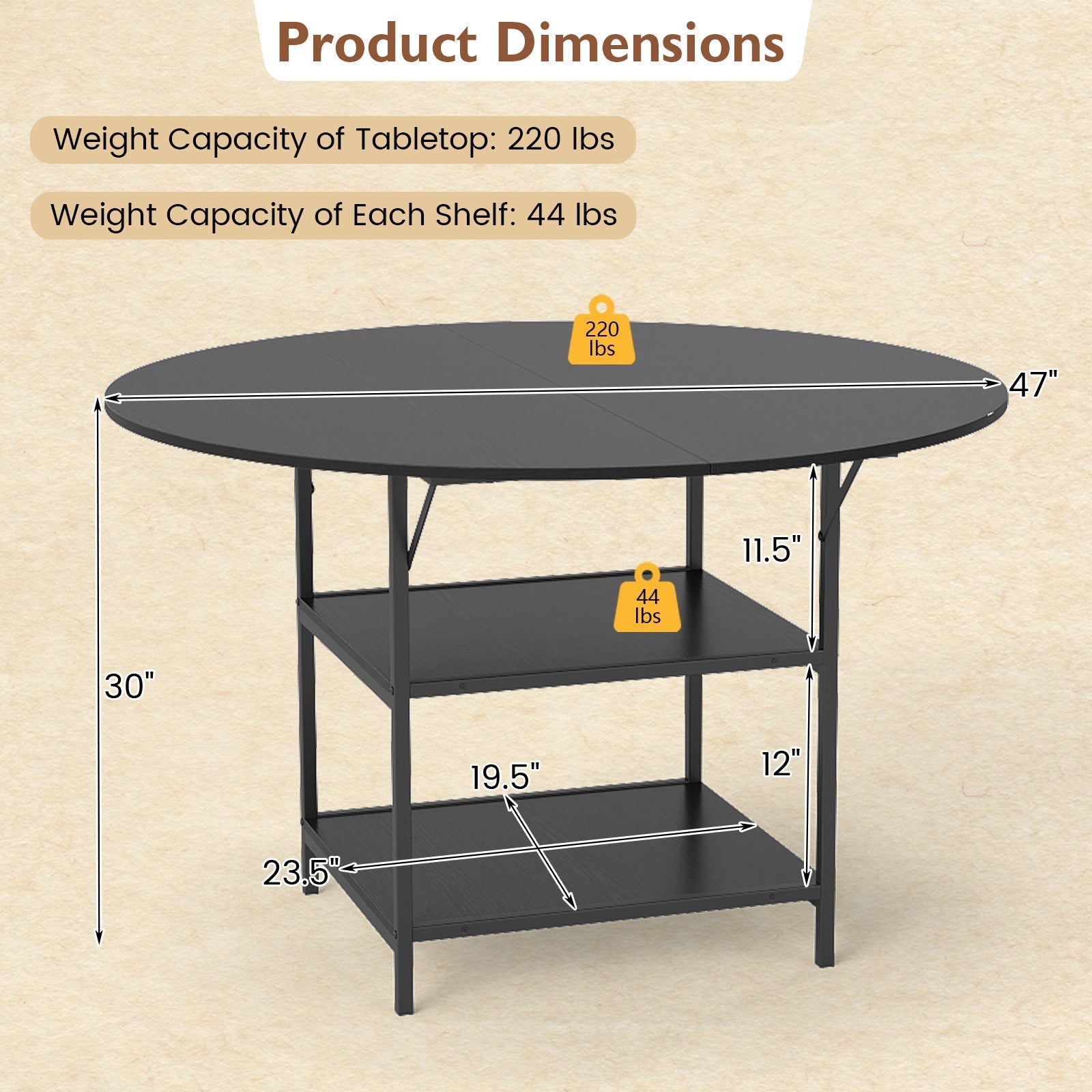 47 Inch Round Dining Table for 4-6 People Large Kitchen Table with 2-Tier Storage Shelves
