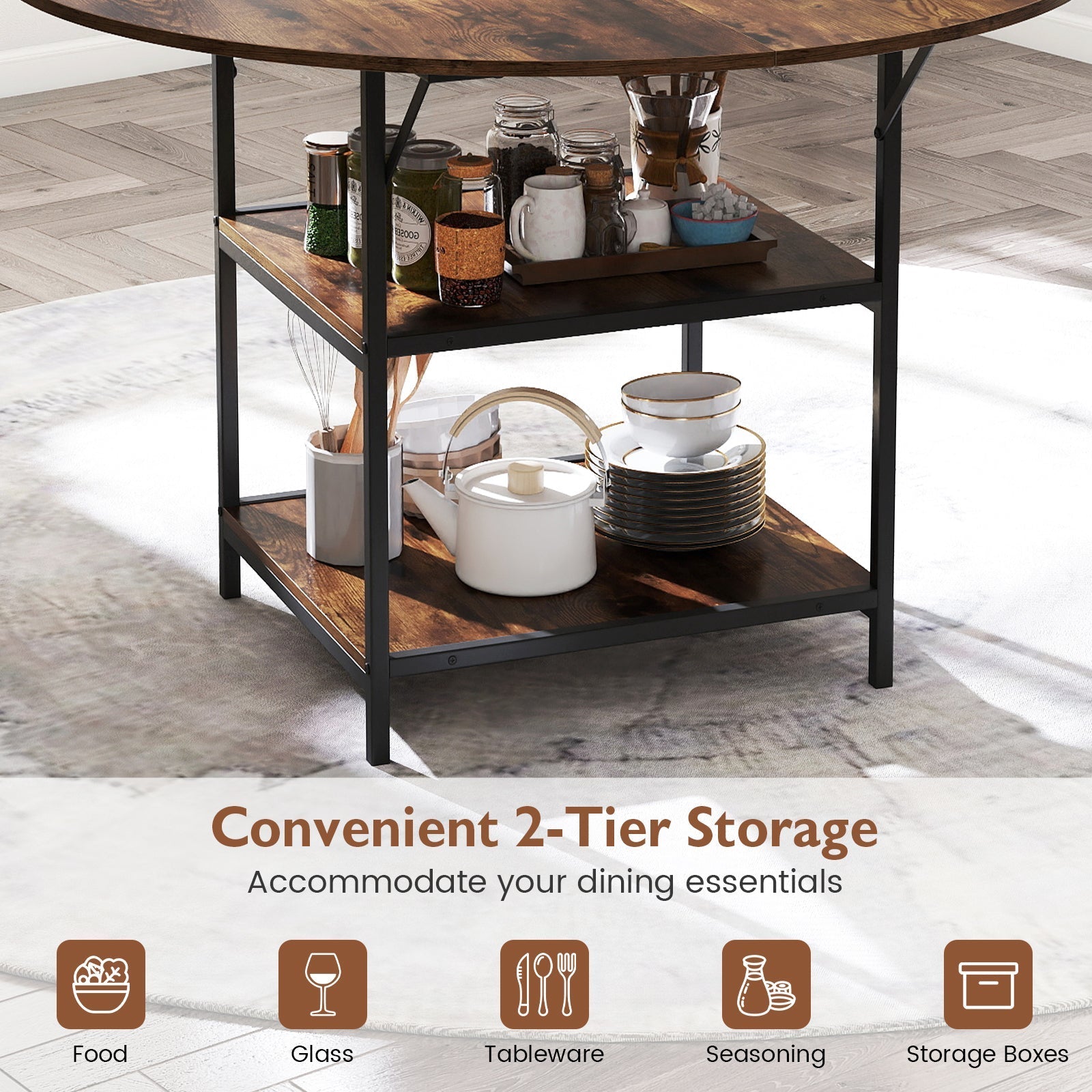 47 Inch Round Dining Table for 4-6 People Large Kitchen Table with 2-Tier Storage Shelves