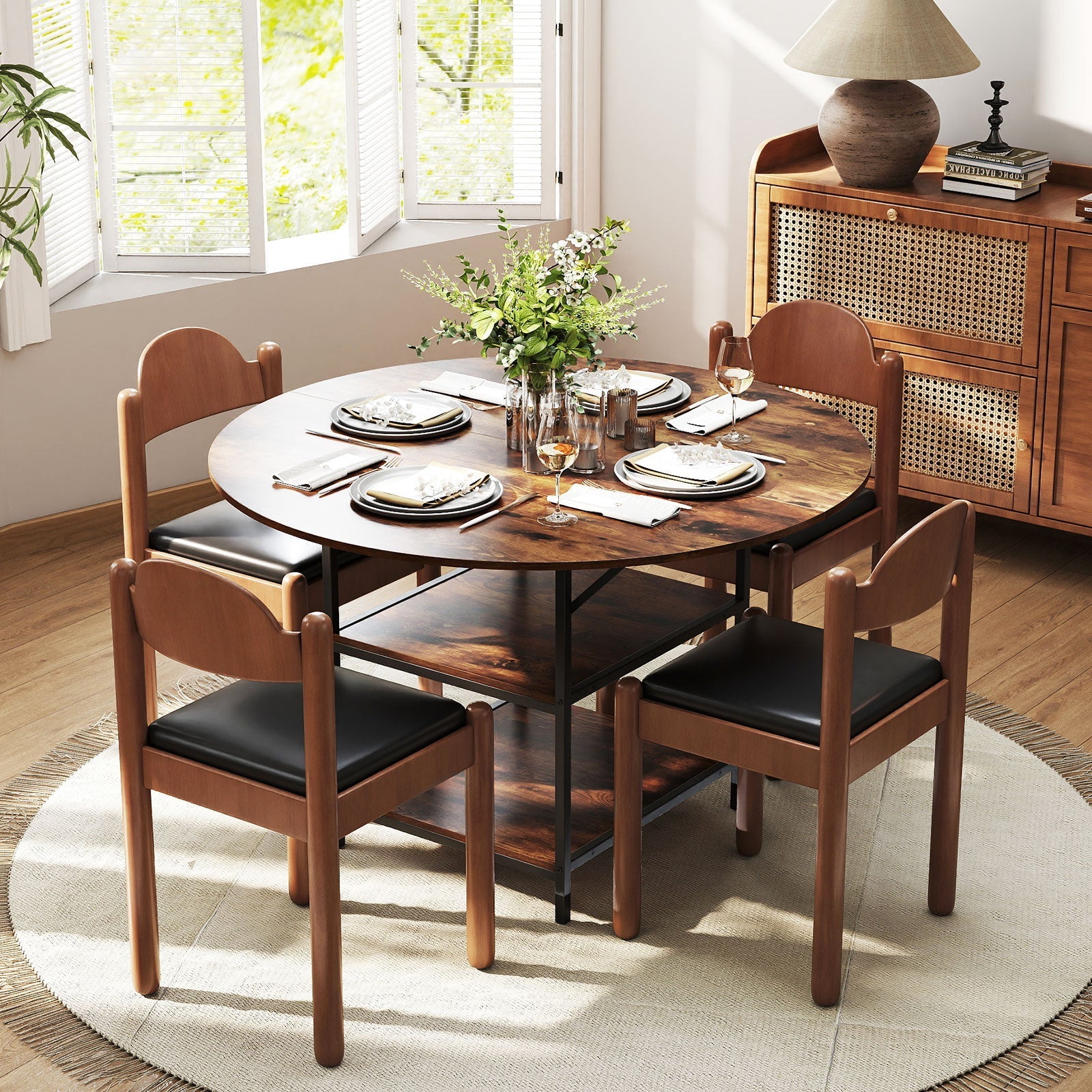 47 Inch Round Dining Table for 4-6 People Large Kitchen Table with 2-Tier Storage Shelves