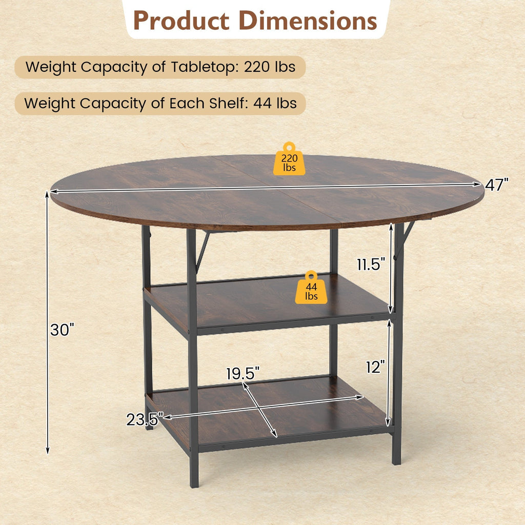 47 Inch Round Dining Table for 4-6 People Large Kitchen Table with 2-Tier Storage Shelves