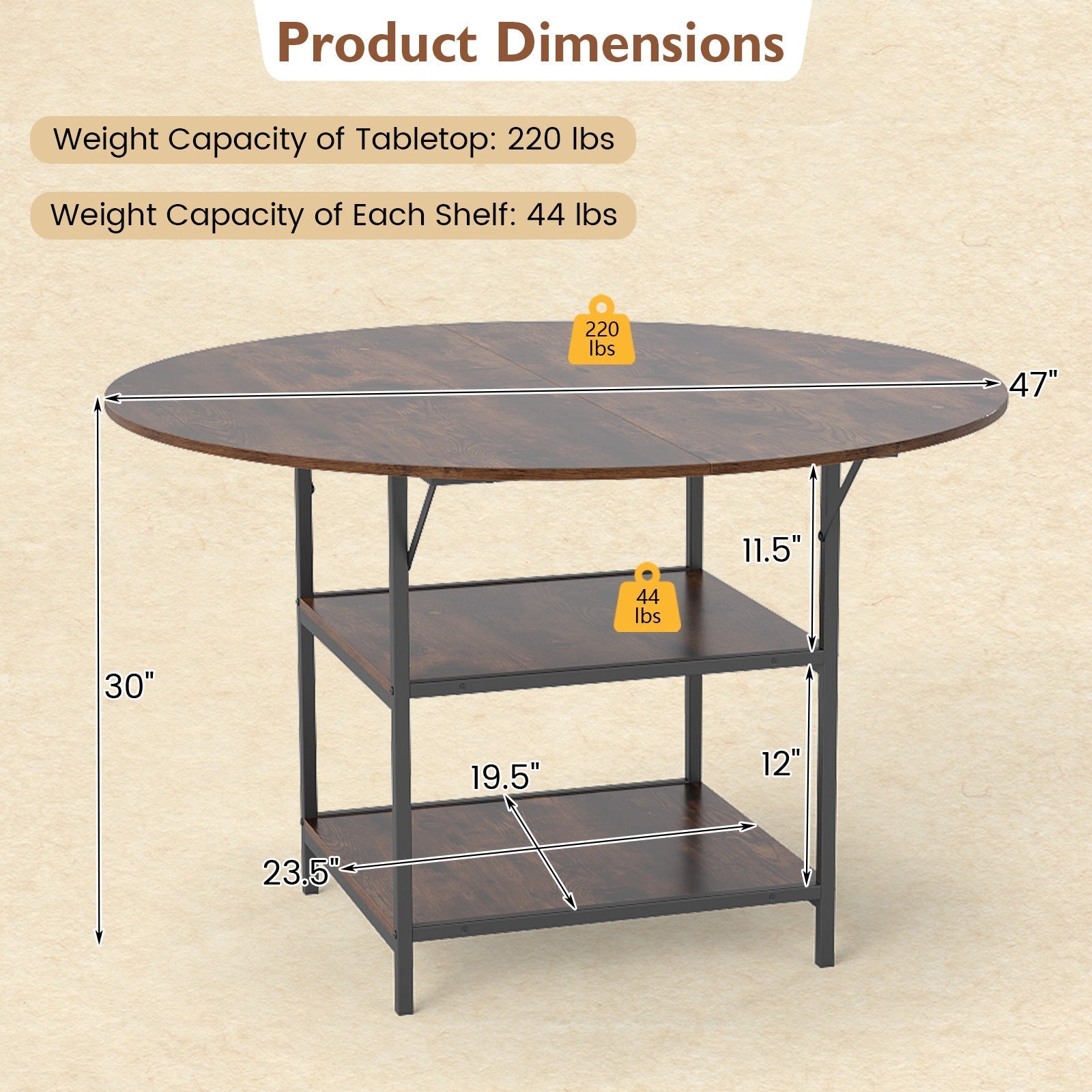 47 Inch Round Dining Table for 4-6 People Large Kitchen Table with 2-Tier Storage Shelves