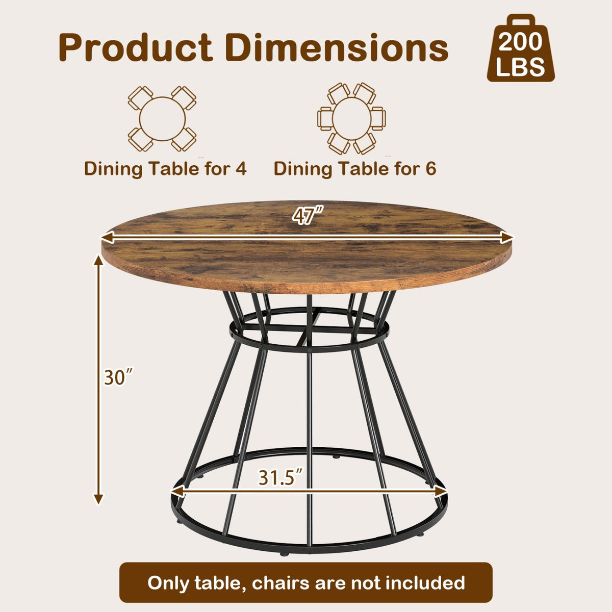 47 Inches Round Dining Table for 4 Farmhouse Kitchen Table with Wooden Tabletop