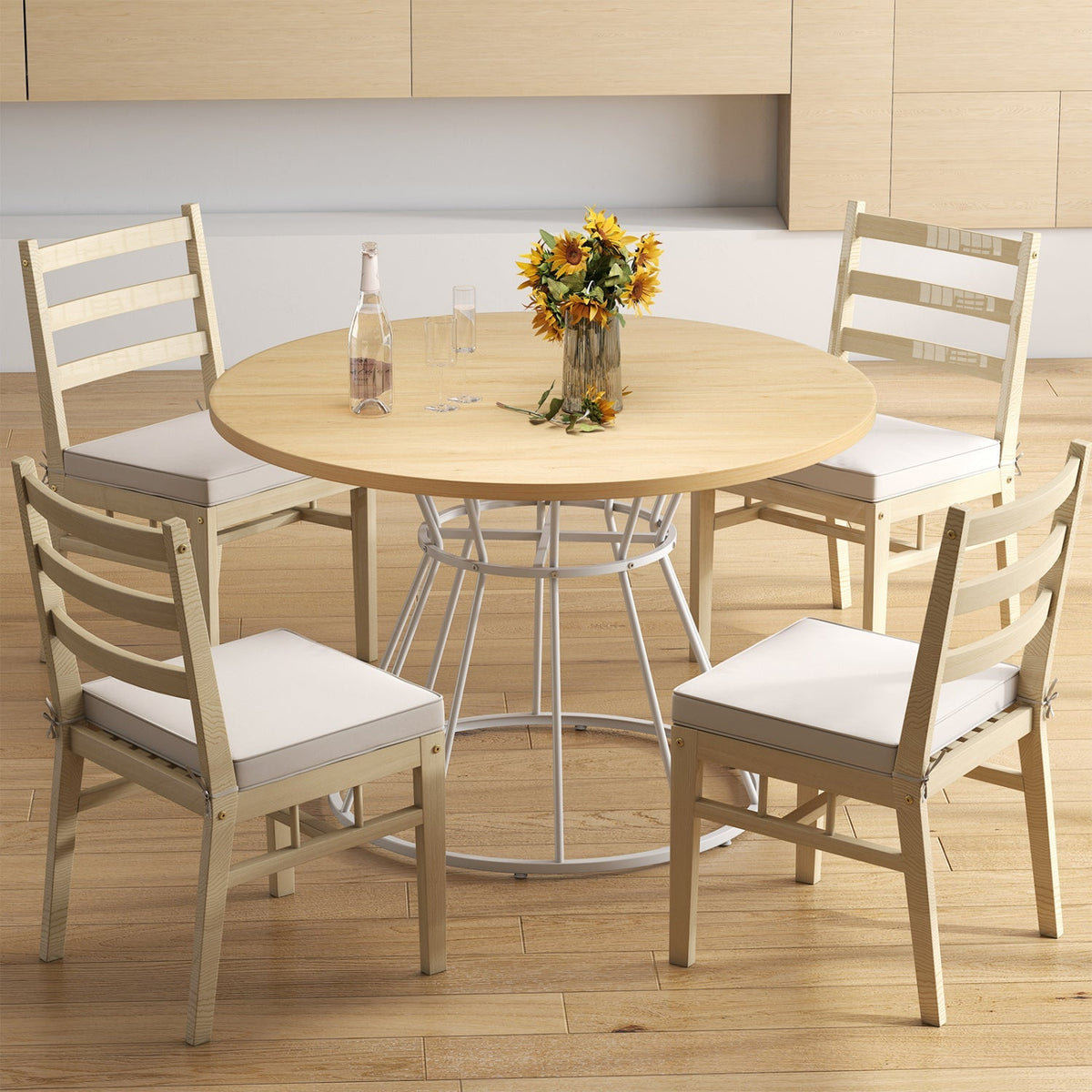 47 Inches Round Dining Table for 4 Farmhouse Kitchen Table with Wooden Tabletop