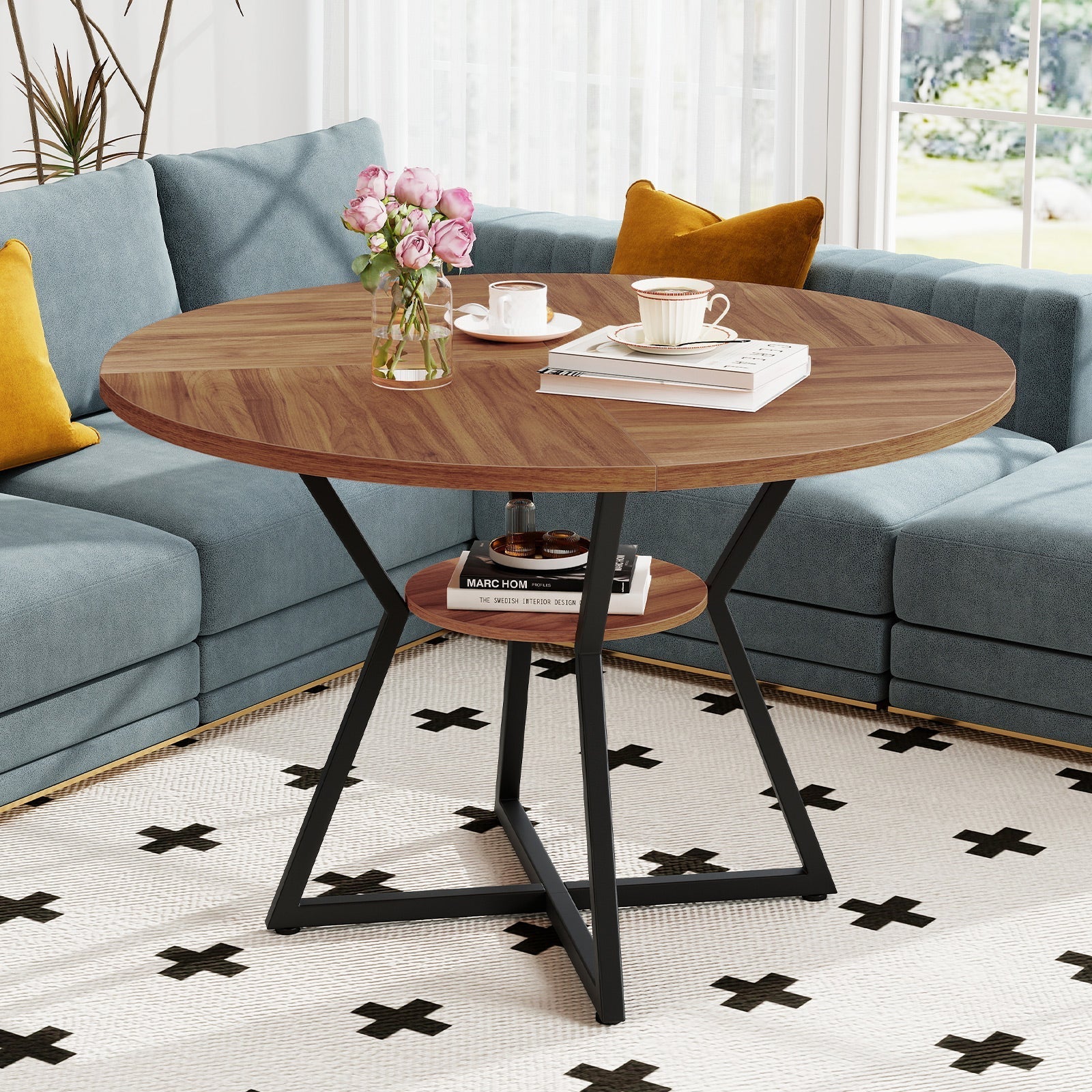 47" Round Dining Table for 4 with Storage Shelf-Brown