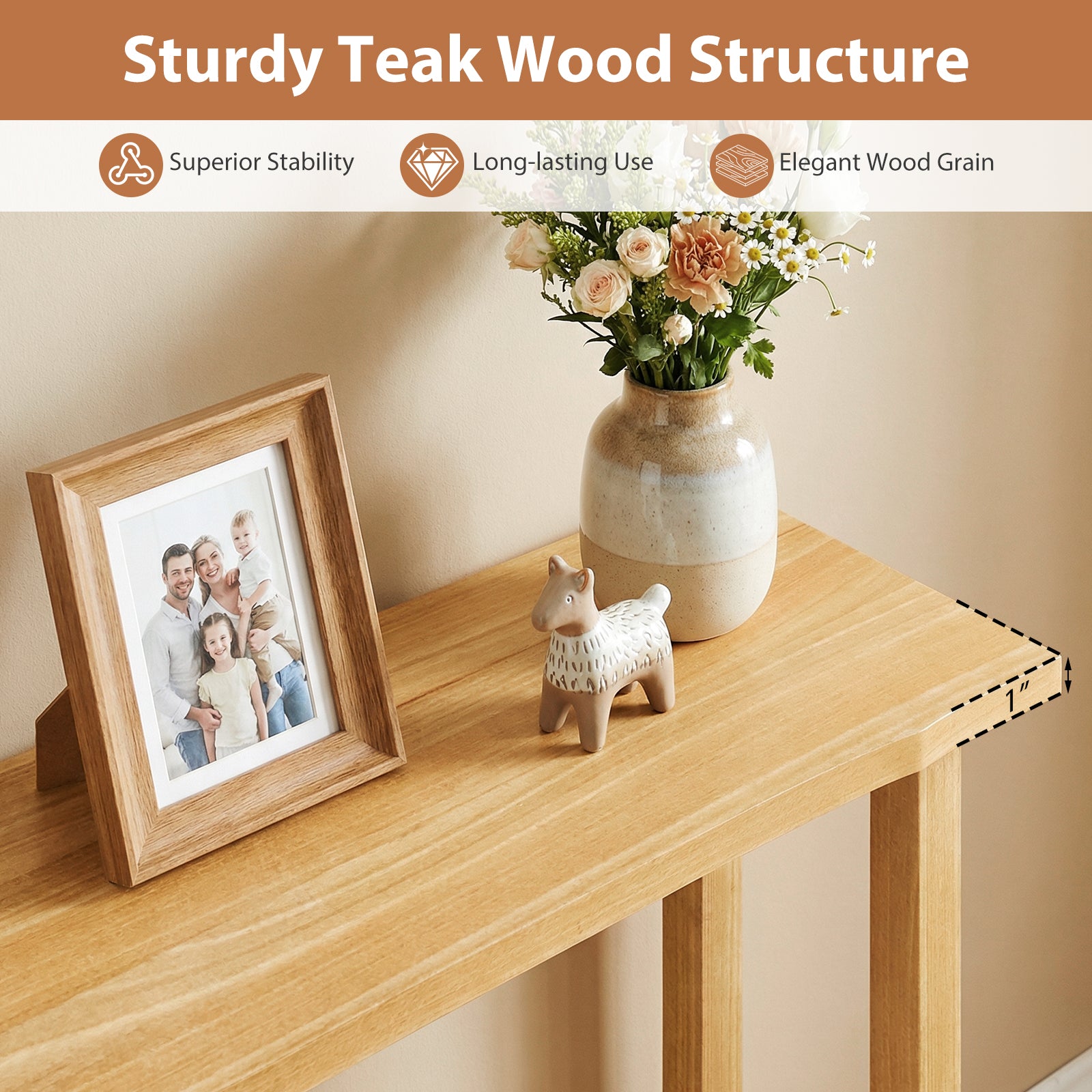 47 Inch Solid Wood Console Table with Teak Wood Frame and Storage Shelf