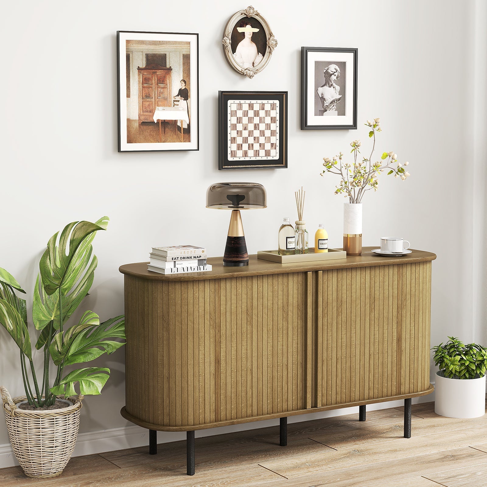 47 Inch Sideboard Buffet Cabinet with Adjustable Shelves for Kitchen Dining Room Living Room Entryway-Oak