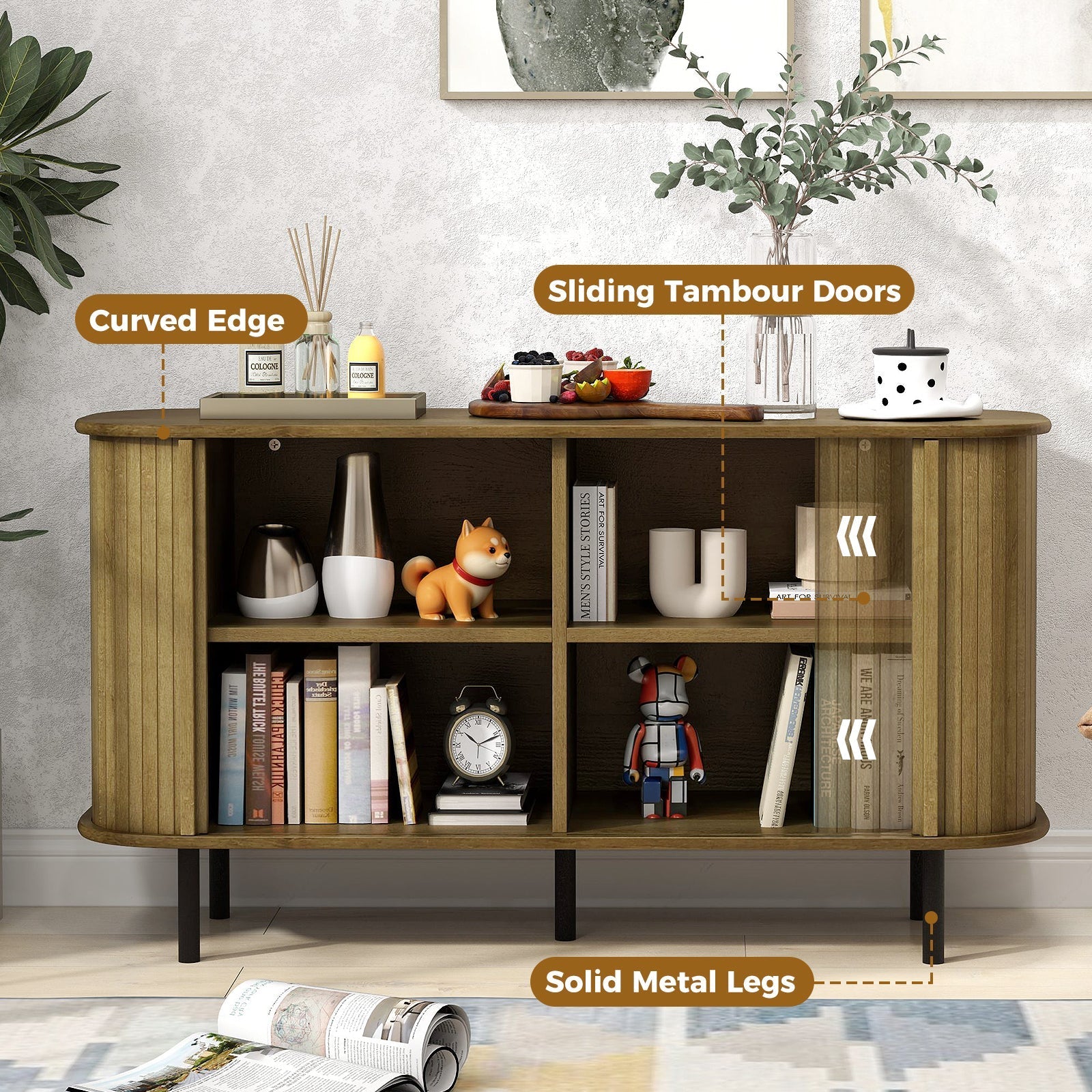 47 Inch Sideboard Buffet Cabinet with Adjustable Shelves for Kitchen Dining Room Living Room Entryway-Oak