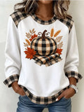 Full Size Pumpkin Plaid Patchwork Long Sleeve Sweatshirt Plus Size
