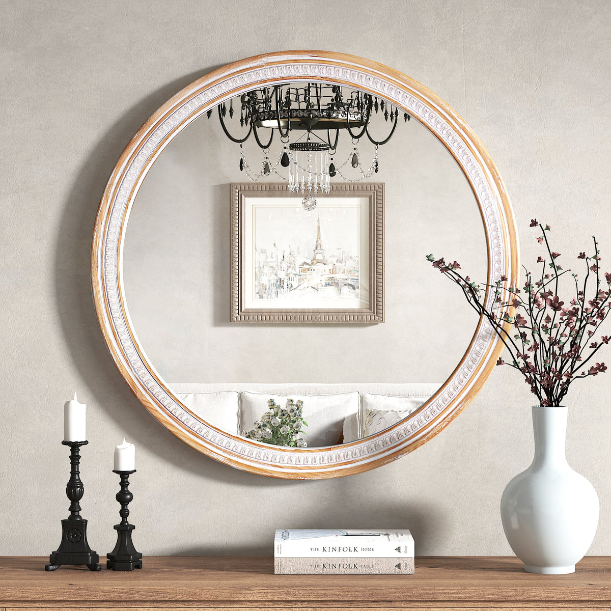 30" Round Solid Wood Farmhouse Wall Mirror - Rustic Boho Circle Mirror