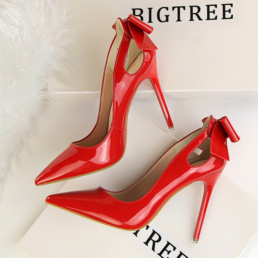 Women's Solid Color Cutout Back Bow High Heels See size chart under “more details”