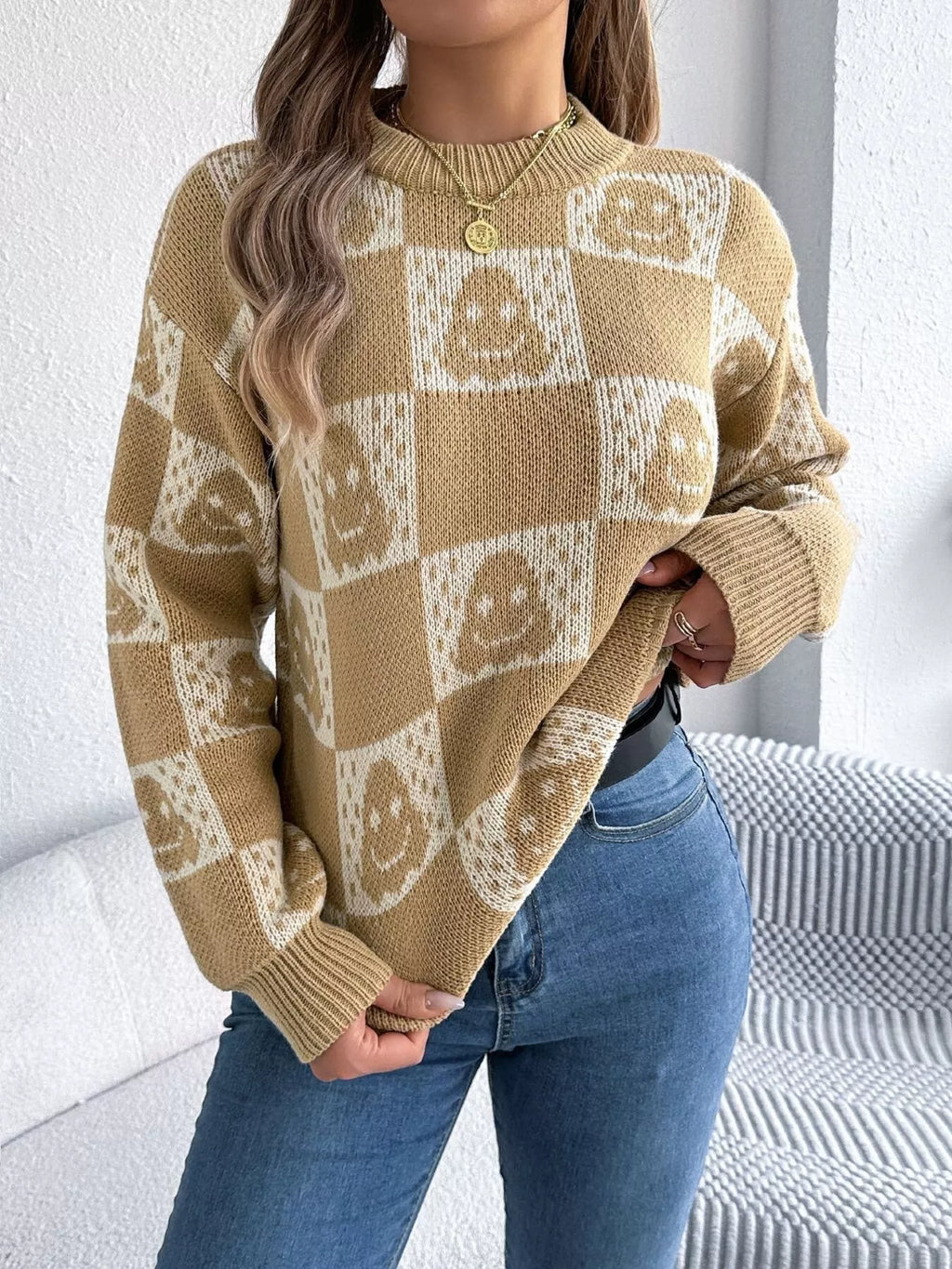 Halloween Ghost Pattern Checkered Round Neck Sweater