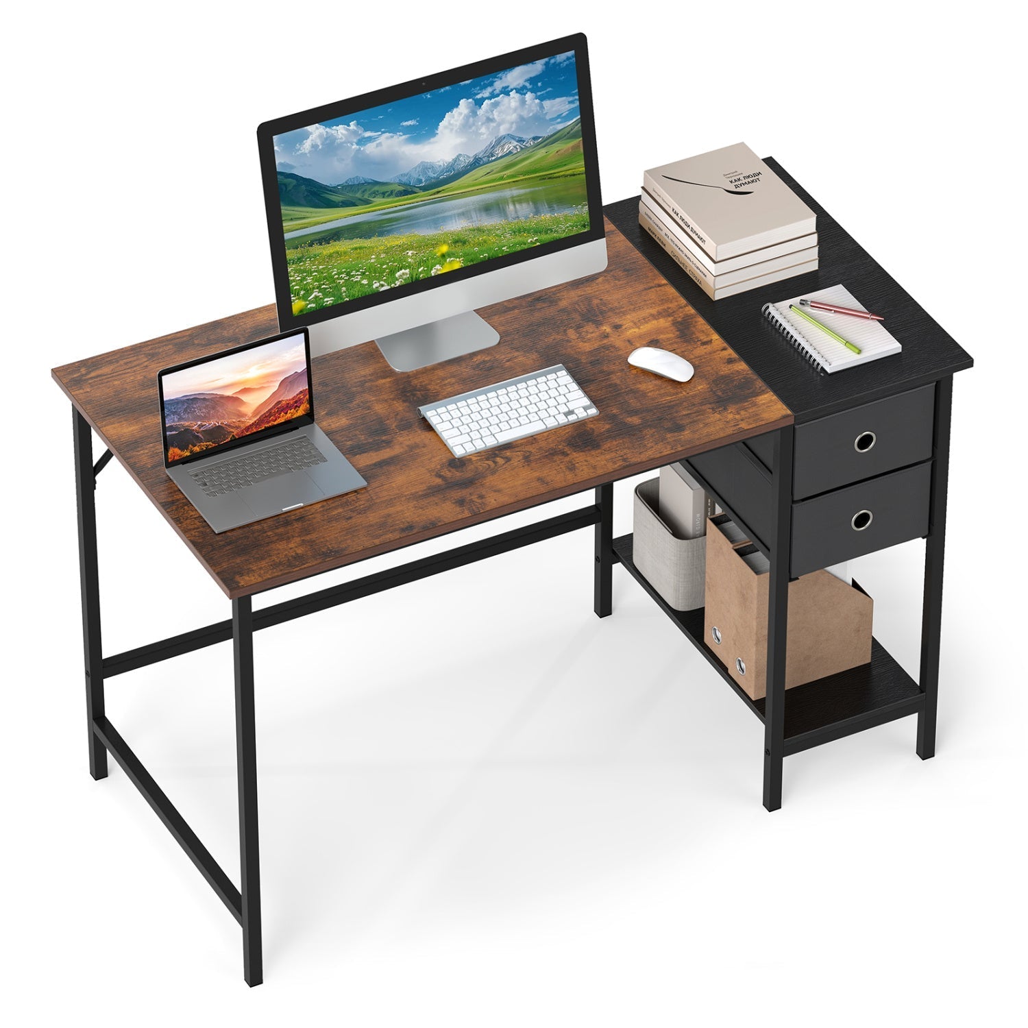 48 Inch Computer Desk with 2 Fabric Drawers Industrial Home Office Desk-Rustic Brown