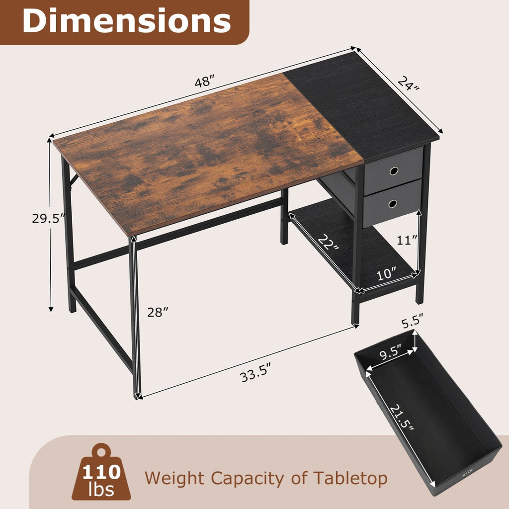 48 Inch Computer Desk with 2 Fabric Drawers Industrial Home Office Desk-Rustic Brown