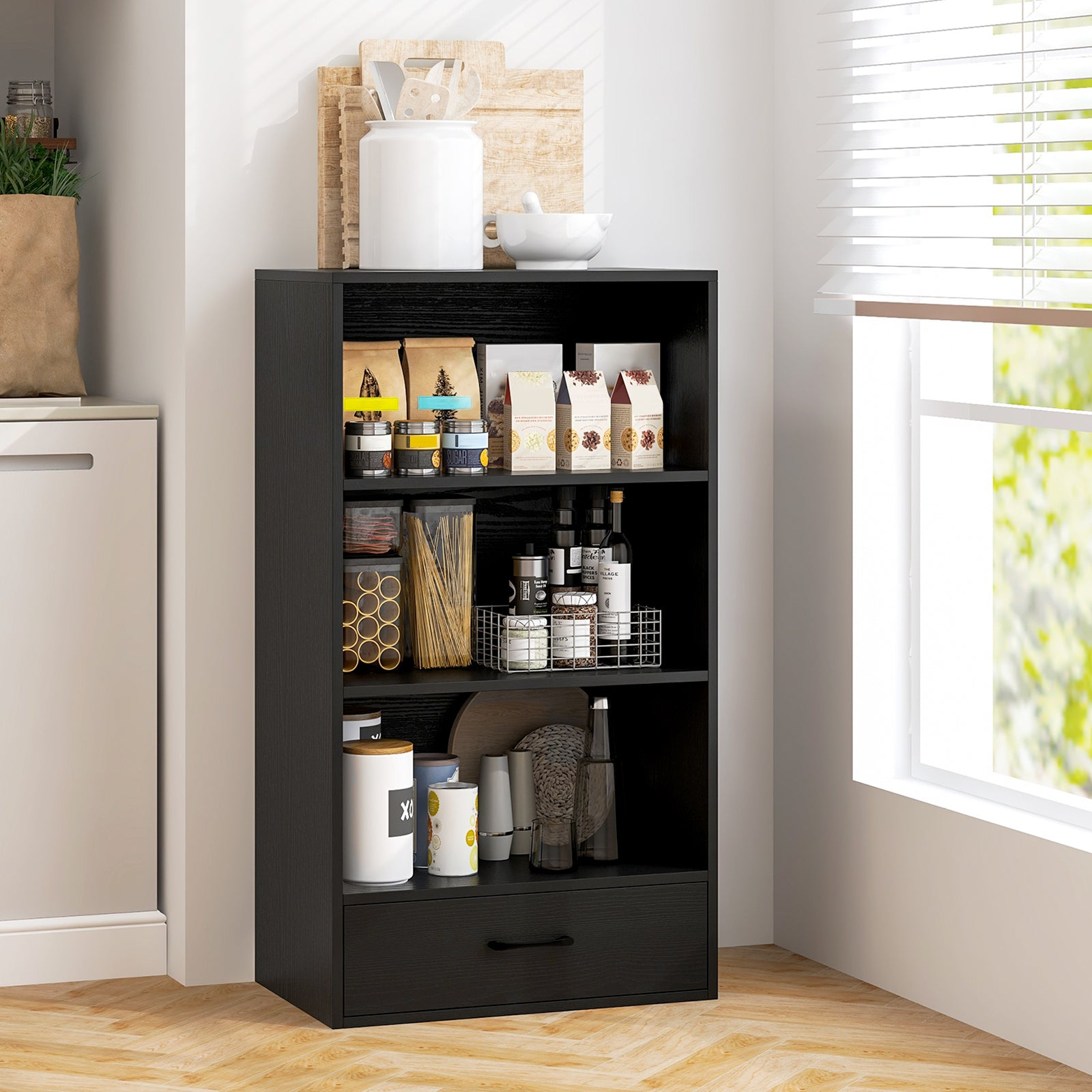 48 Inch Tall 4 Tiers Wood Bookcase with Drawer-Gray