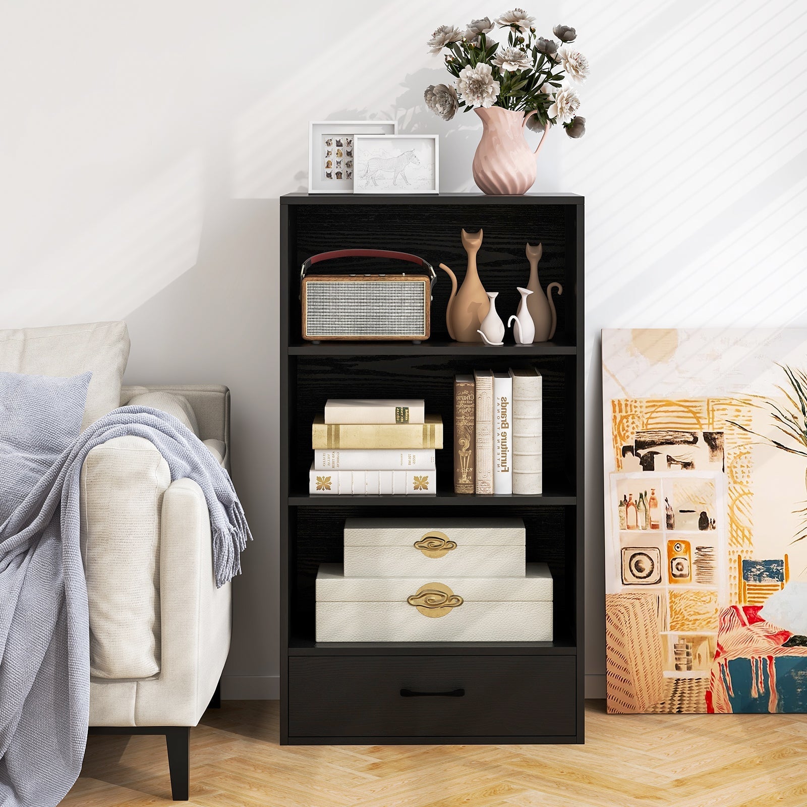 48 Inch Tall 4 Tiers Wood Bookcase with Drawer-Gray