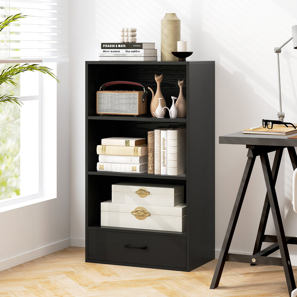 48 Inch Tall 4 Tiers Wood Bookcase with Drawer-Gray