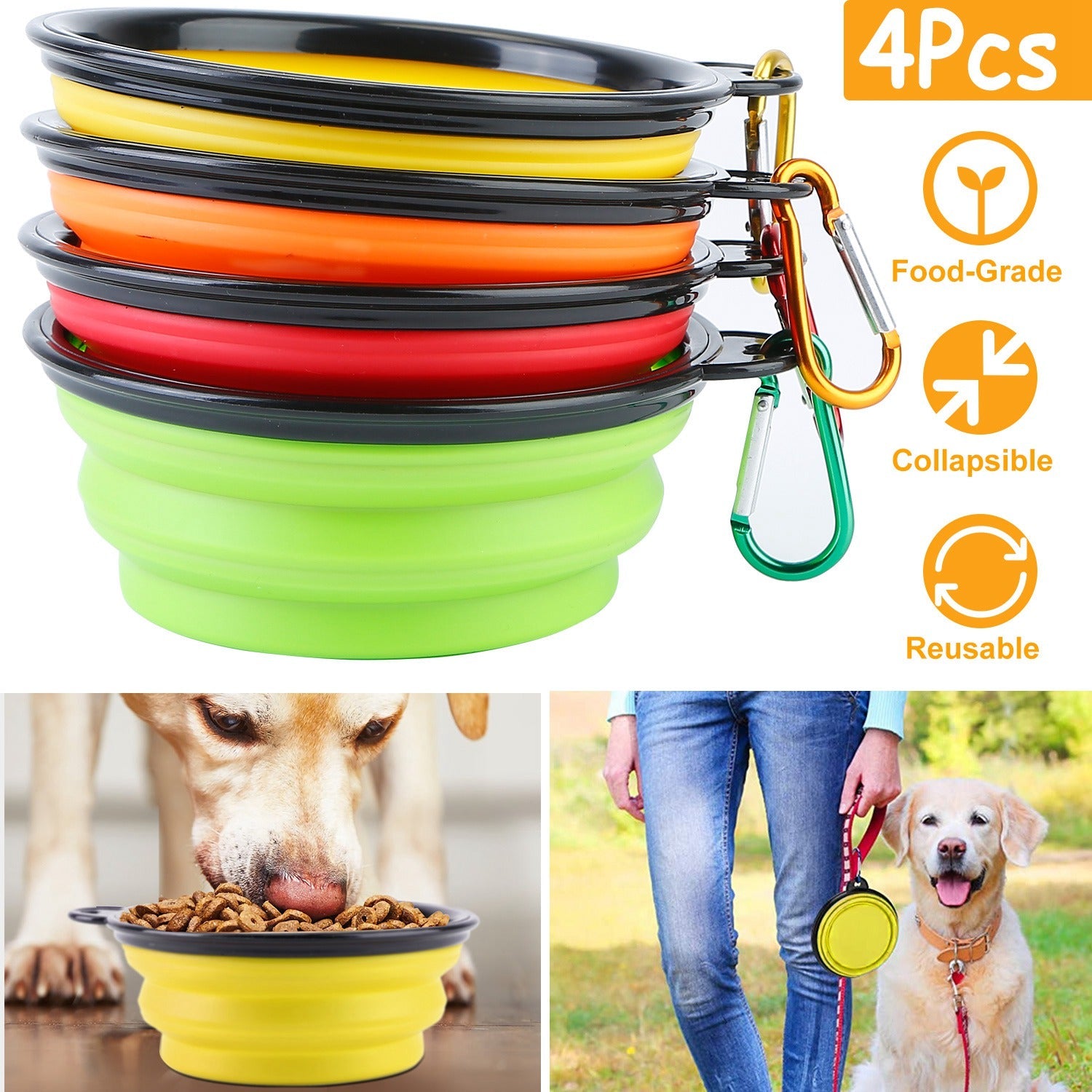 Collapsible Silicone Dog Bowls with Carabiner