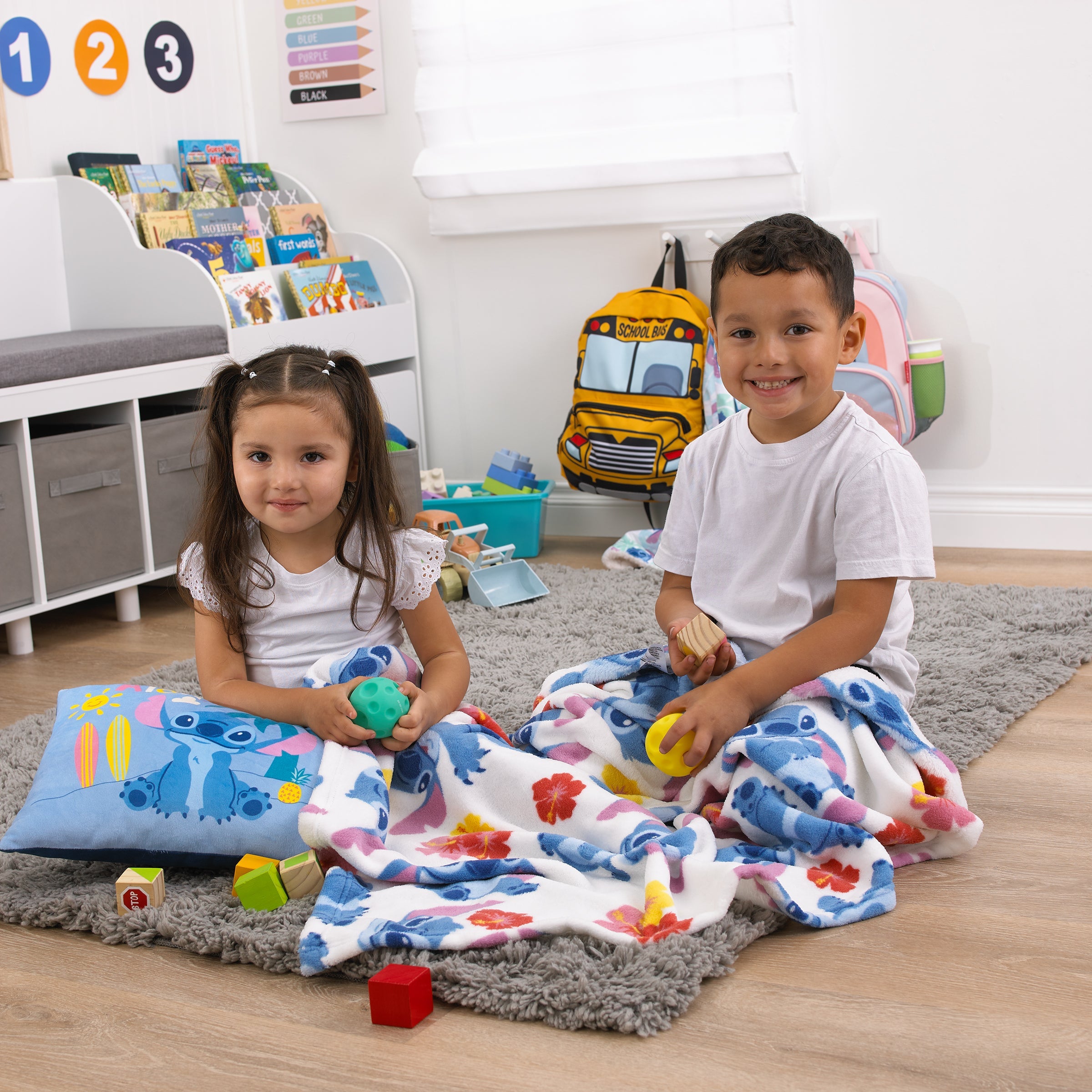 NoJo Disney "S" is for Stitch Super Soft Toddler Blanket, Blue, Pink, Yellow, and White