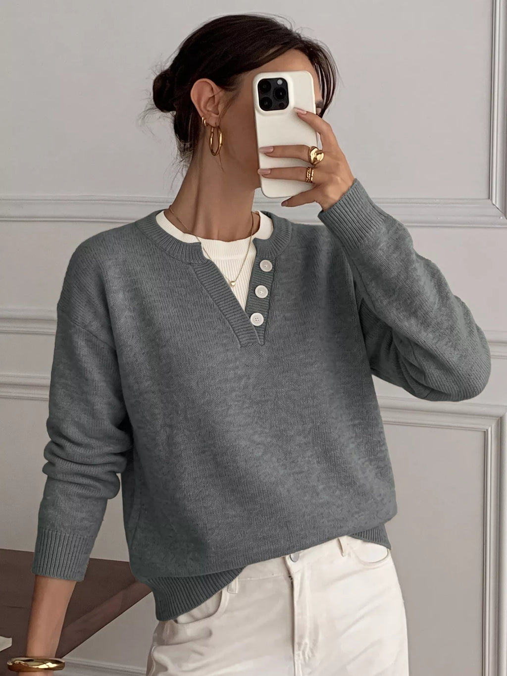 Dropped Shoulder Decorative Button Sweater