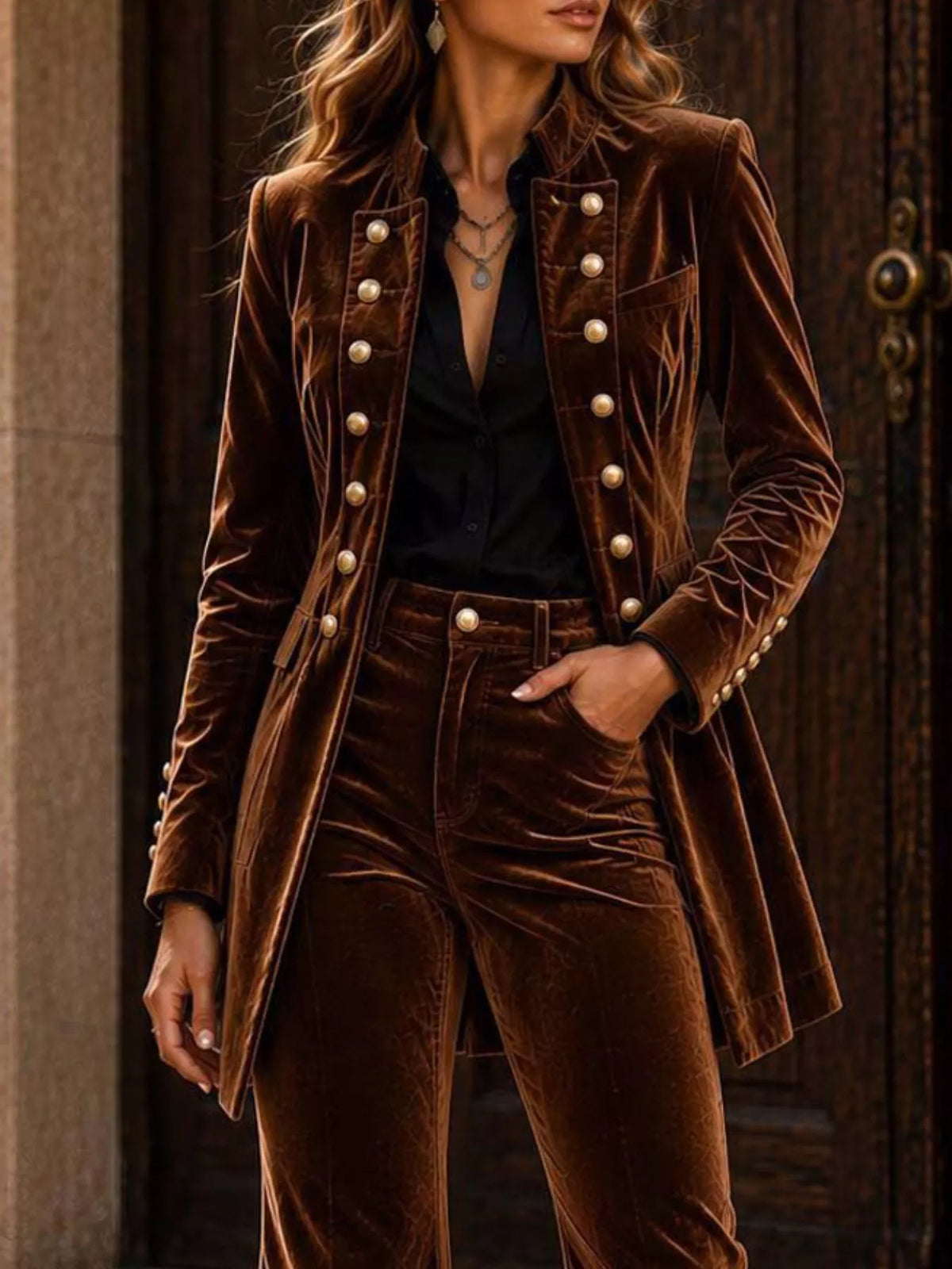 Velvet Double-Breasted Blazer and Flare Pants Set
