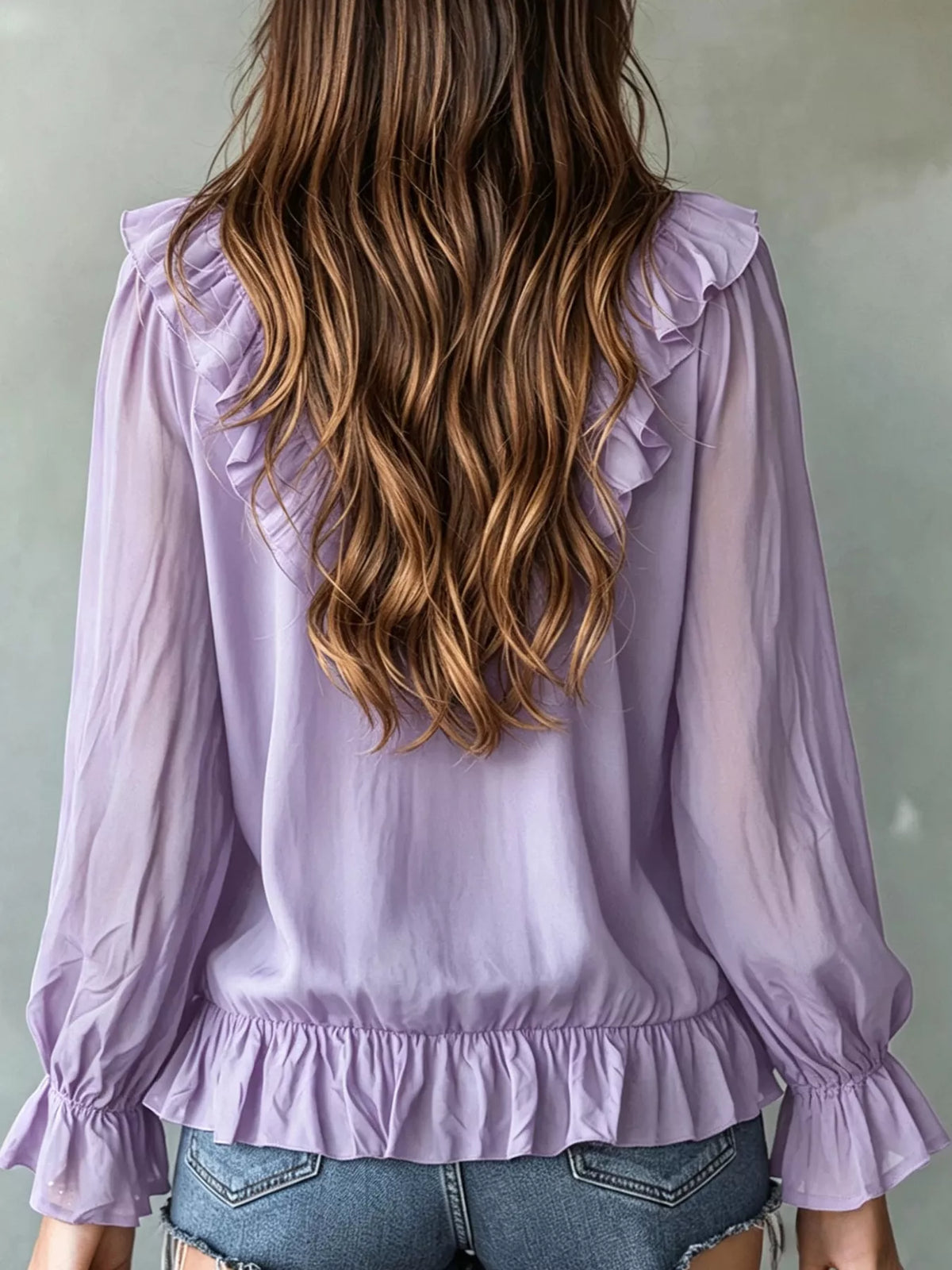 Ruffle V-Neck Long Sleeve Blouse