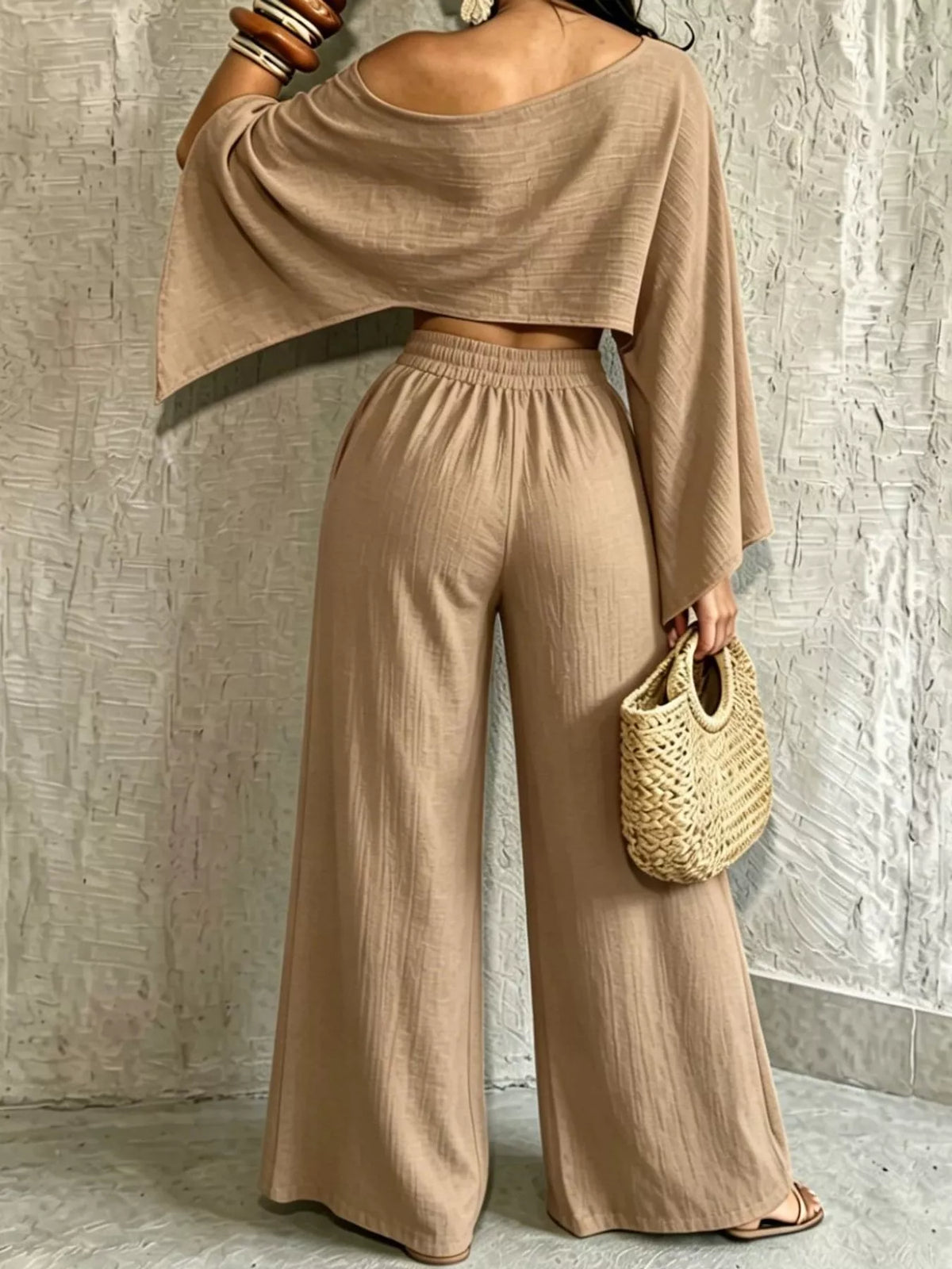 Boat Neck Crop Top and Wide-Leg Pants Set