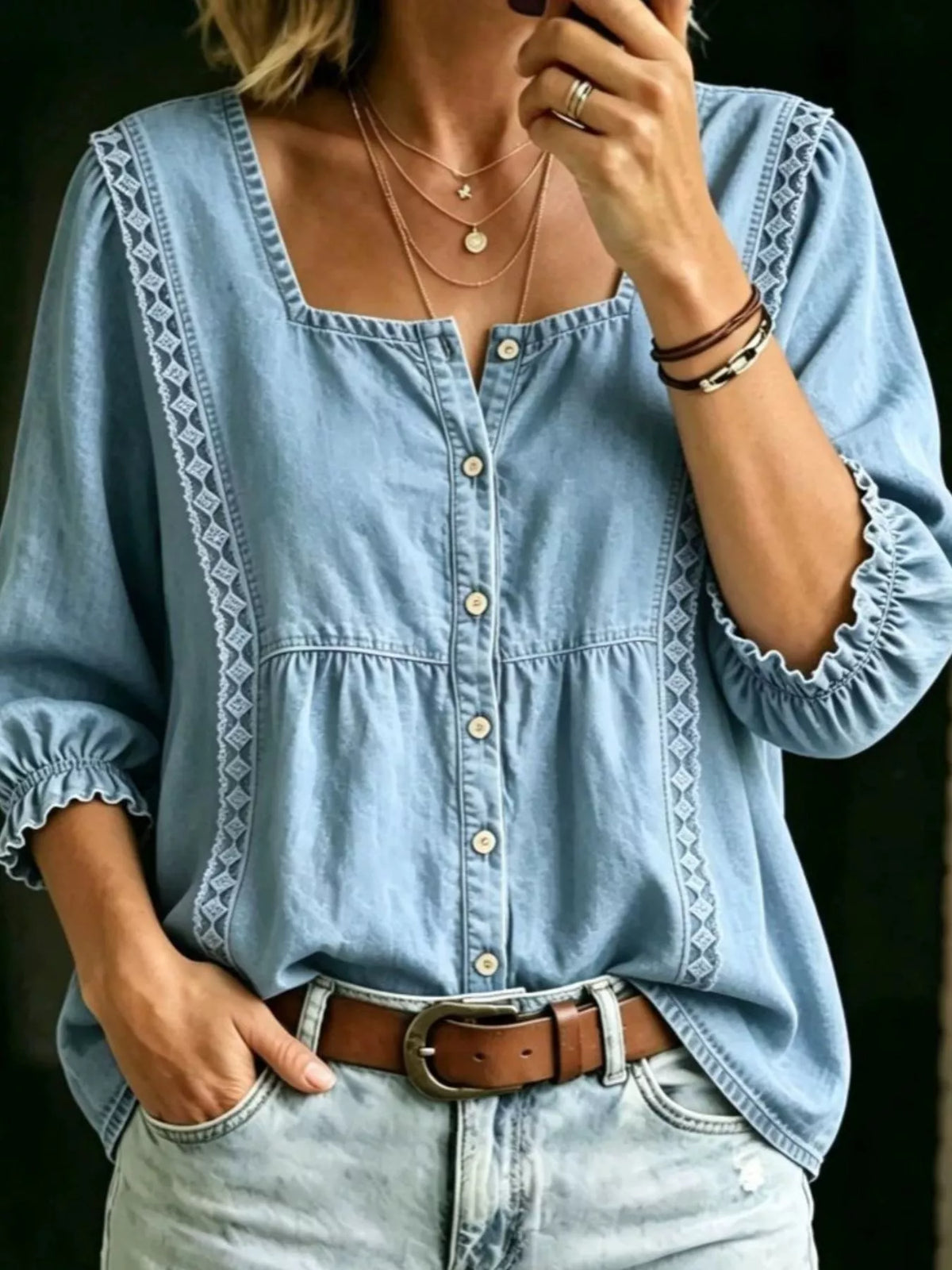 Full Size Square Neck Button-Down Denim Shirt Plus Size