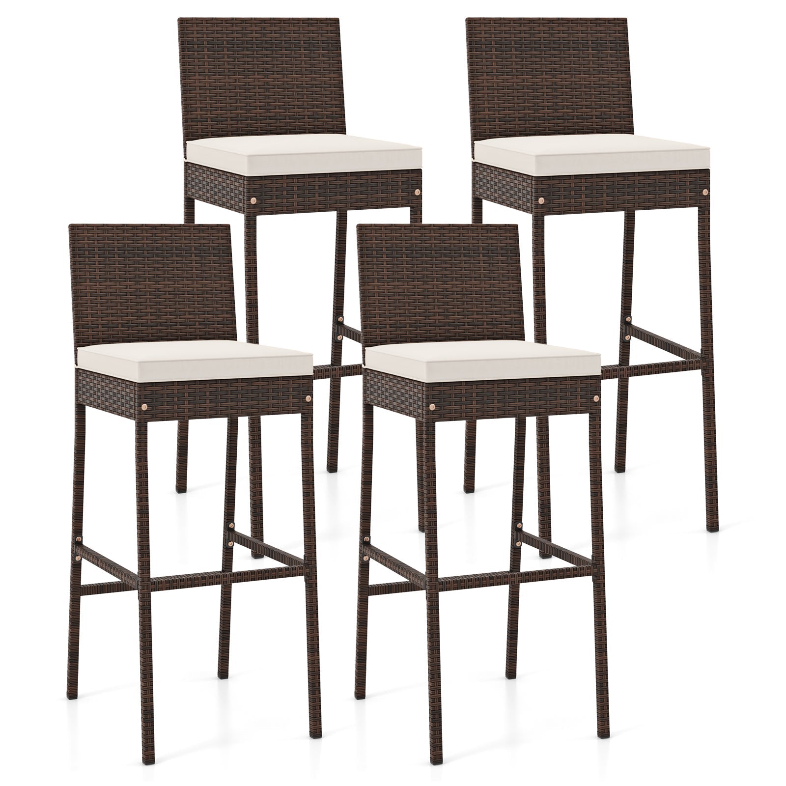 2 Pieces Patio Cushioned Wicker Barstools with Cozy Footrest