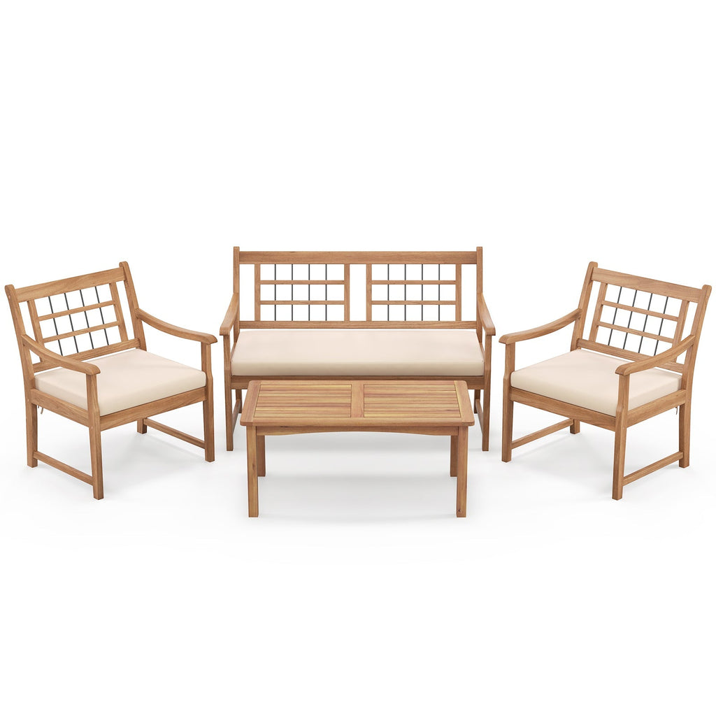 4 Piece Wood Patio Furniture with Armchairs Loveseat and Coffee Table