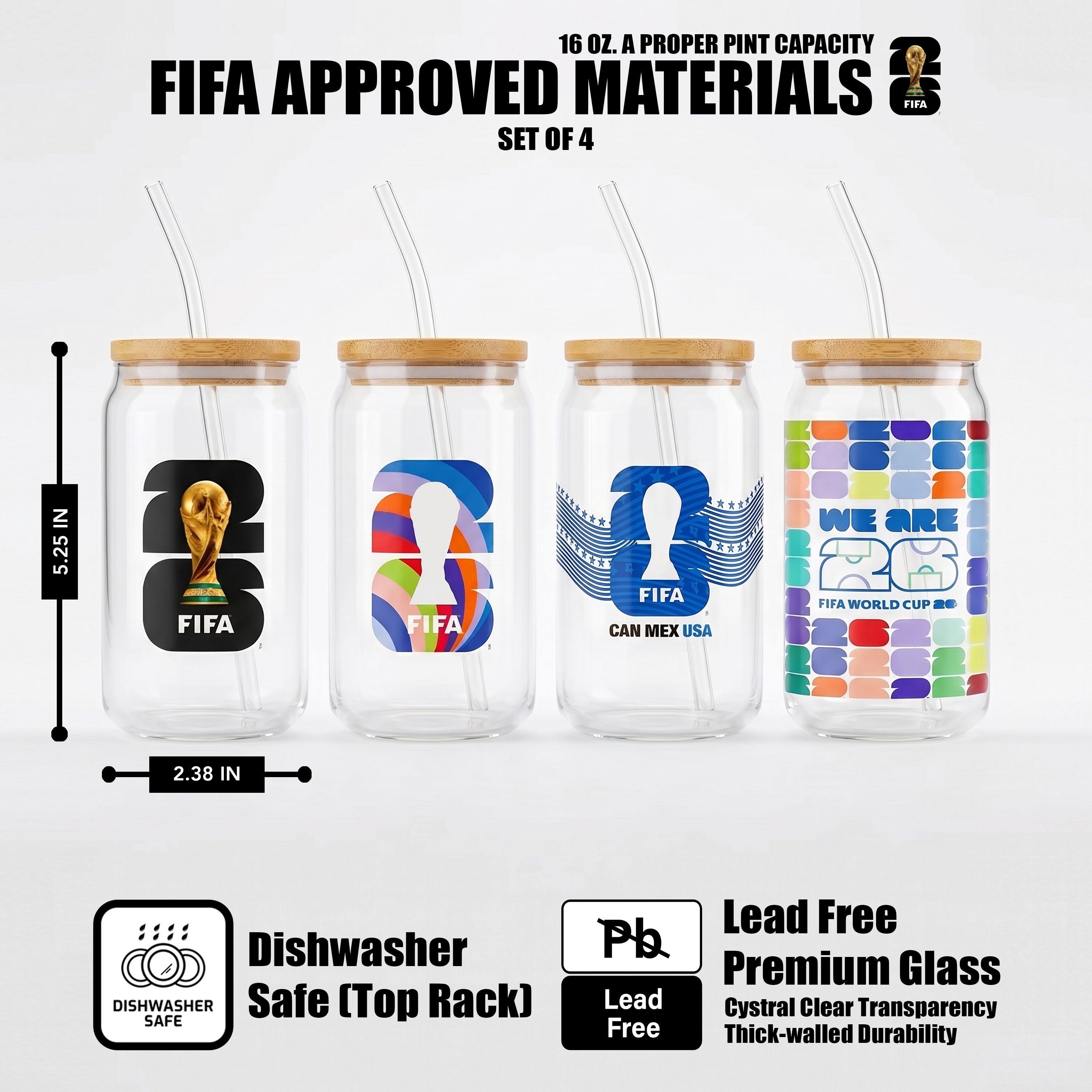Atelier Sportif Official Official FIFA World Cup 2026 Edition 16 Oz Glass Sippers Bamboo lids with Glass Straws