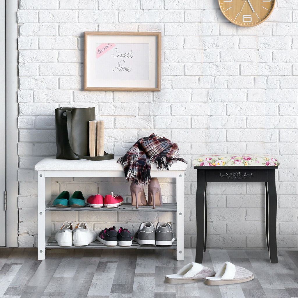 Vanity Wood Dressing Stool Padded Piano Seat with Rose Cushion