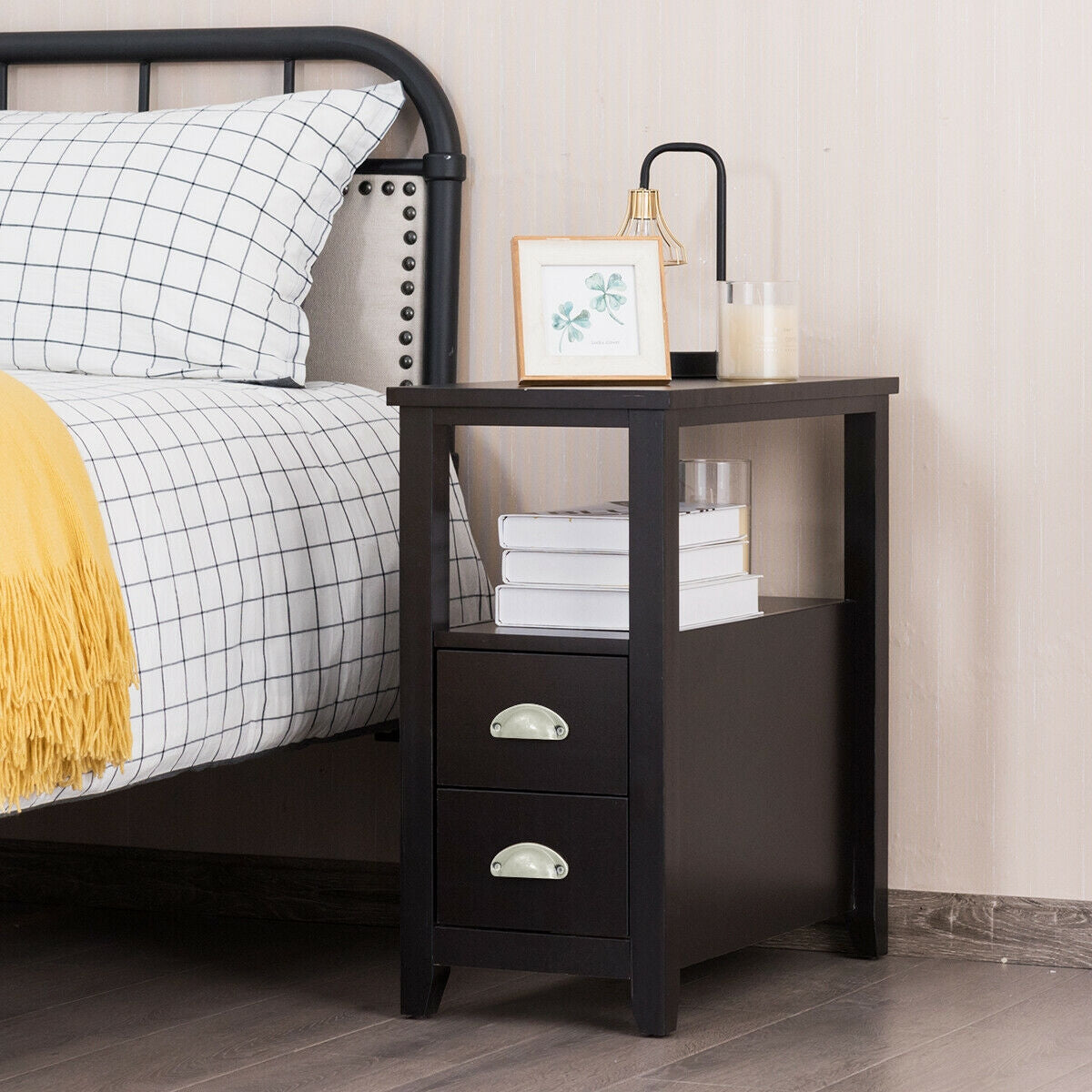 Set of 2 End Table Wooden with 2 Drawer & Shelf Bedside Table