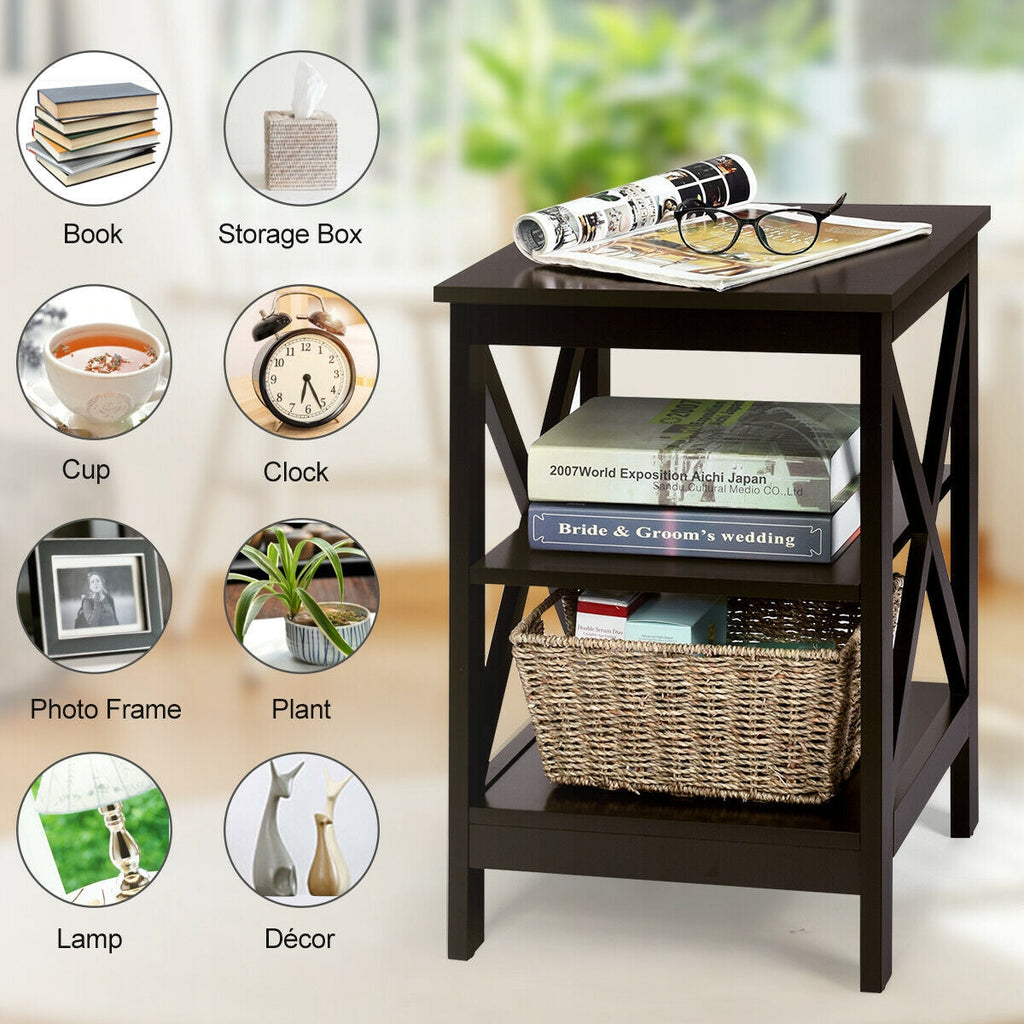 3-Tier Nightstand End Table with X Design Storage