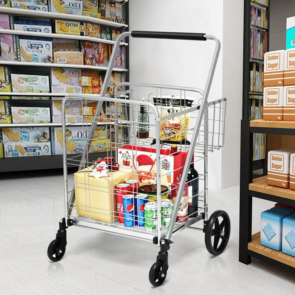 Heavy Duty Folding Utility Shopping Double Cart-Silver