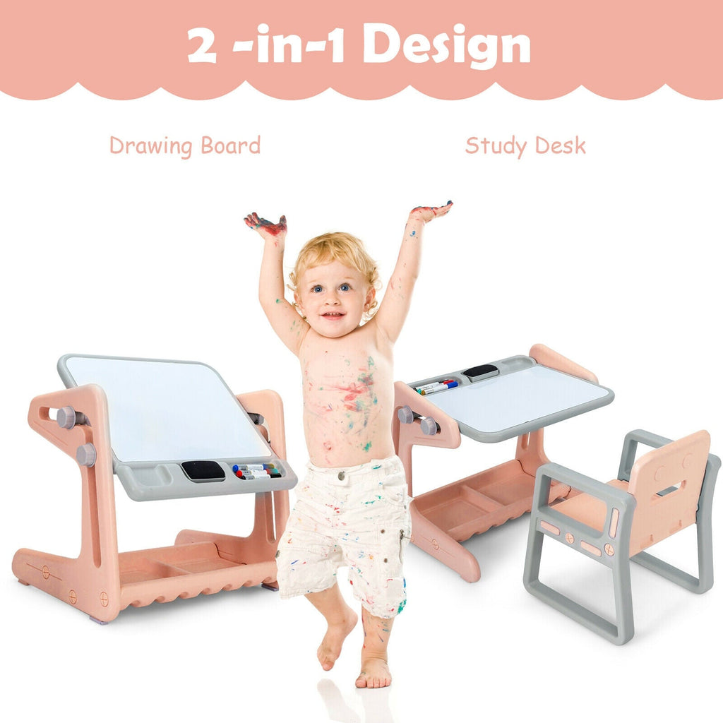2 in 1 Kids Easel Table and Chair Set with Adjustable Art Painting Board