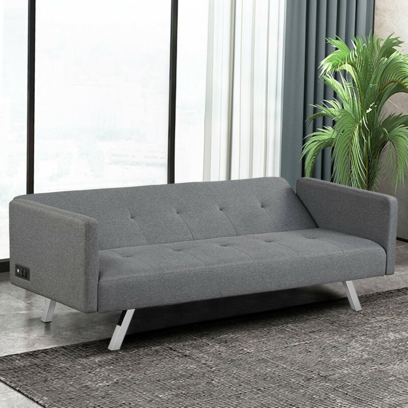 3 Seat Convertible Linen Fabric Futon Sofa with USB and Power Strip