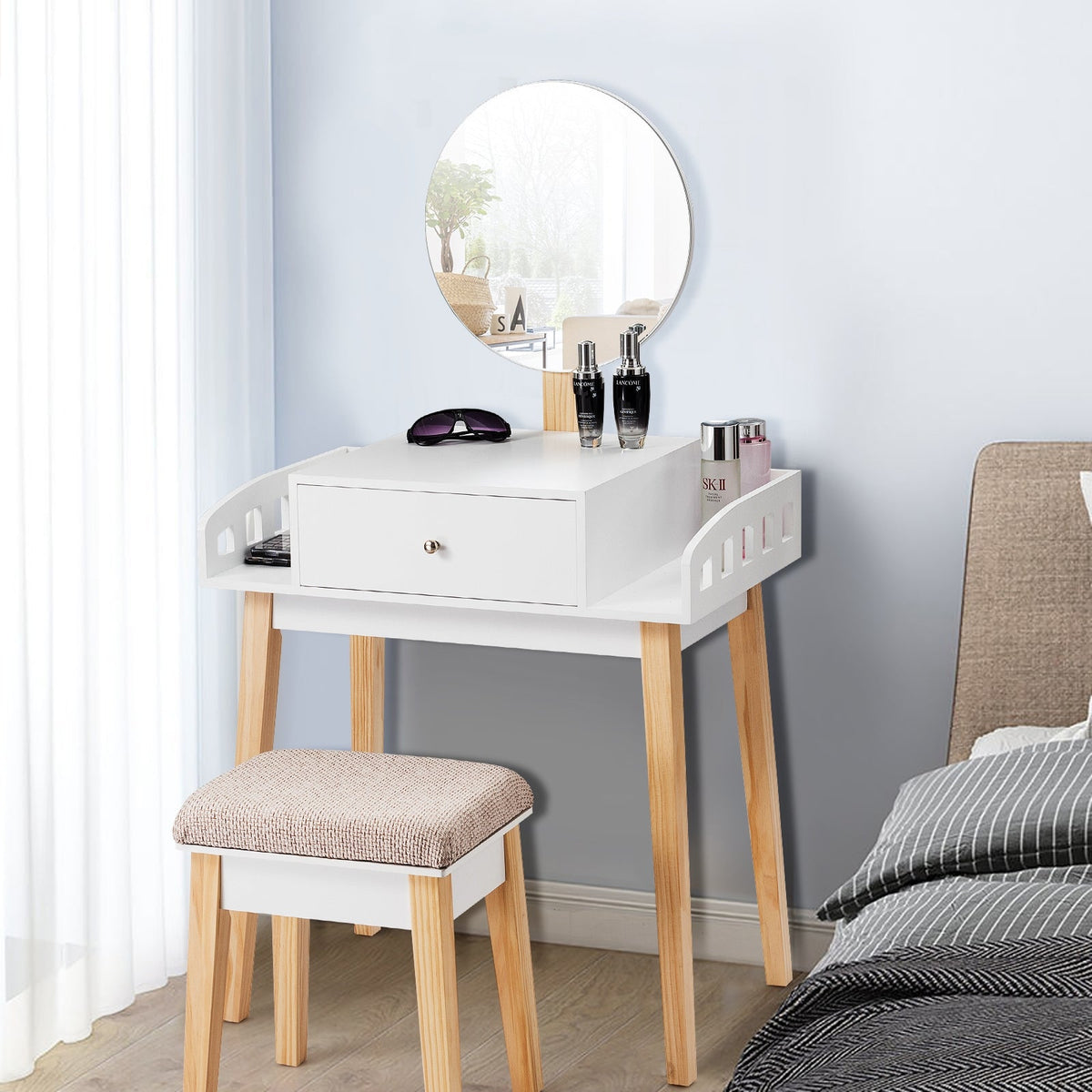 Wooden Makeup Dressing Mirror Table Set with Drawer