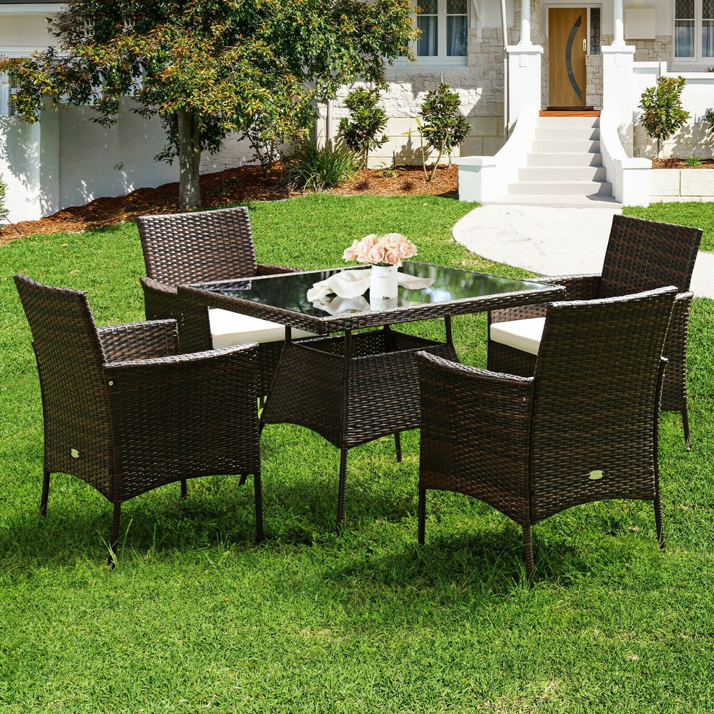 5 Pieces Patio Rattan Dining Furniture Set with Arm Chair and Wooden Table Top