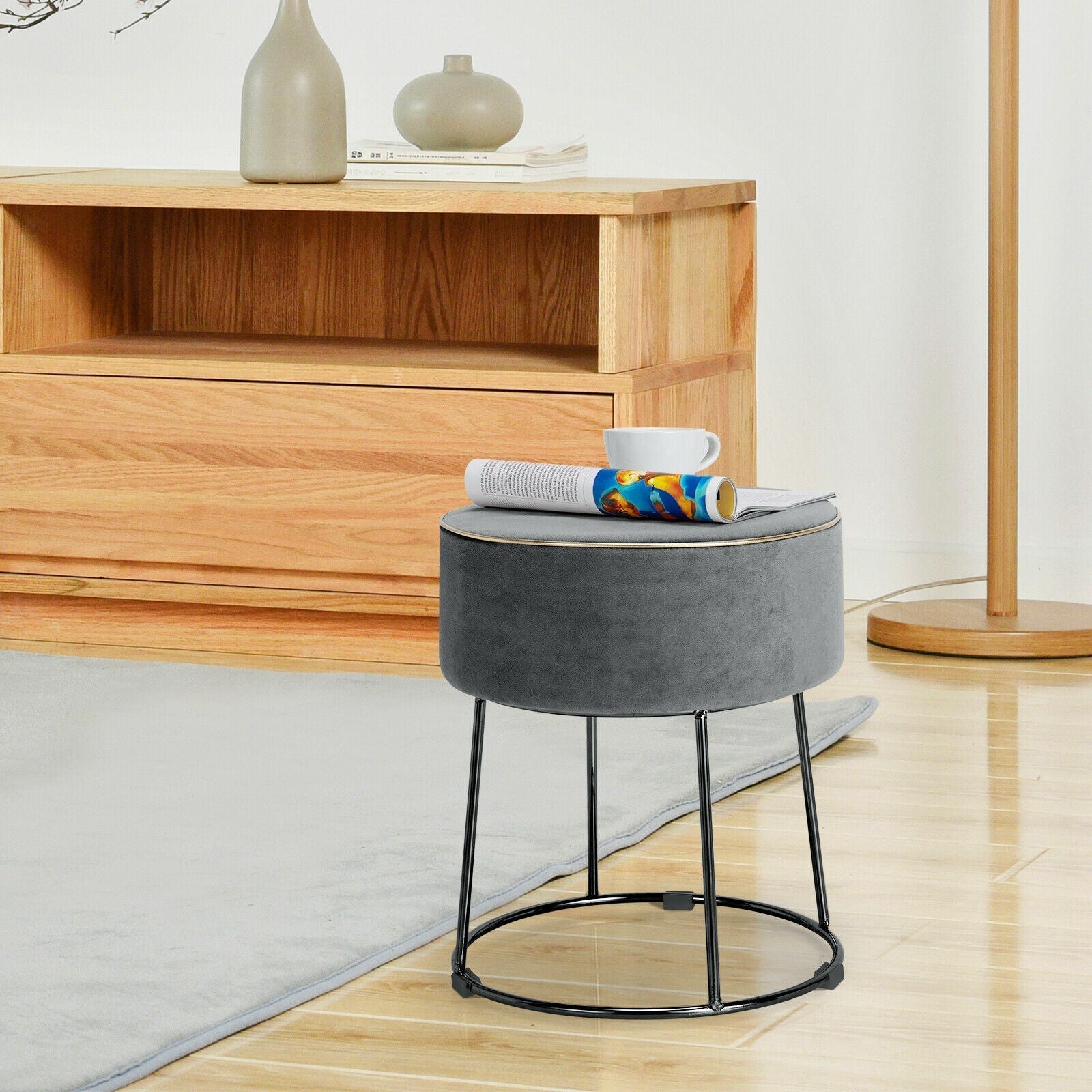 Round Velvet Footrest Stool Ottoman with Non-Slip Foot Pads for Bedside