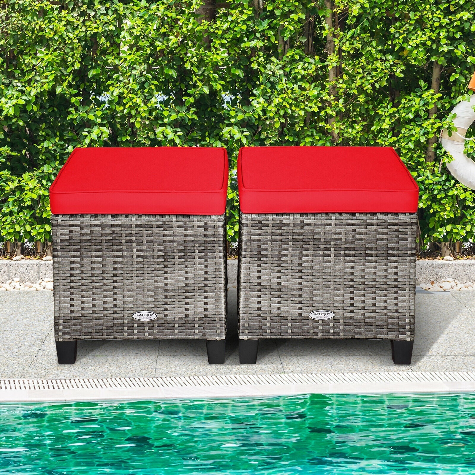 2 Pieces Patio Rattan Ottoman Seat with Removable Cushions-Navy