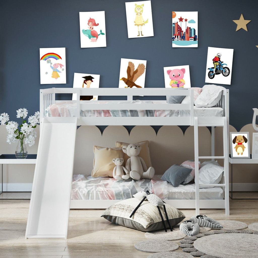 Twin over Twin Bunk Wooden Low Bed with Slide Ladder for Kids