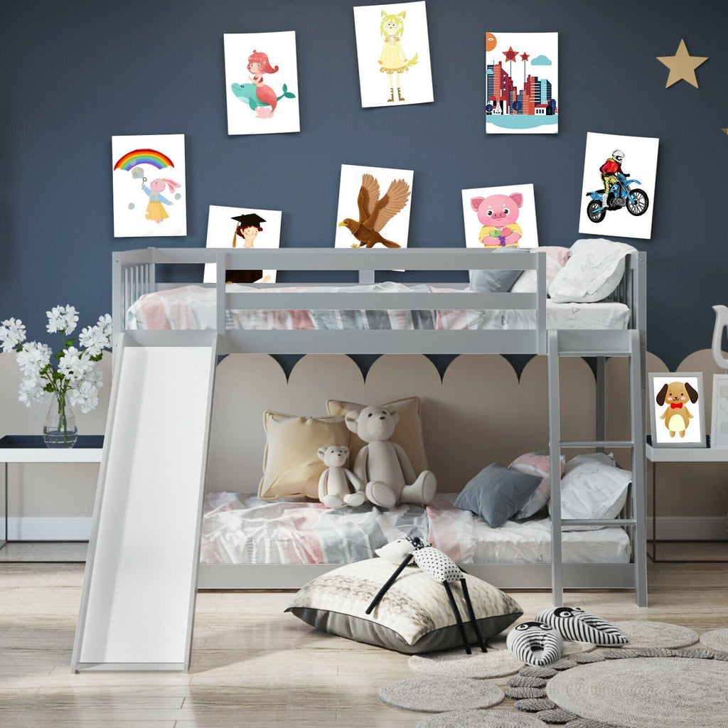 Twin over Twin Bunk Wooden Low Bed with Slide Ladder for Kids