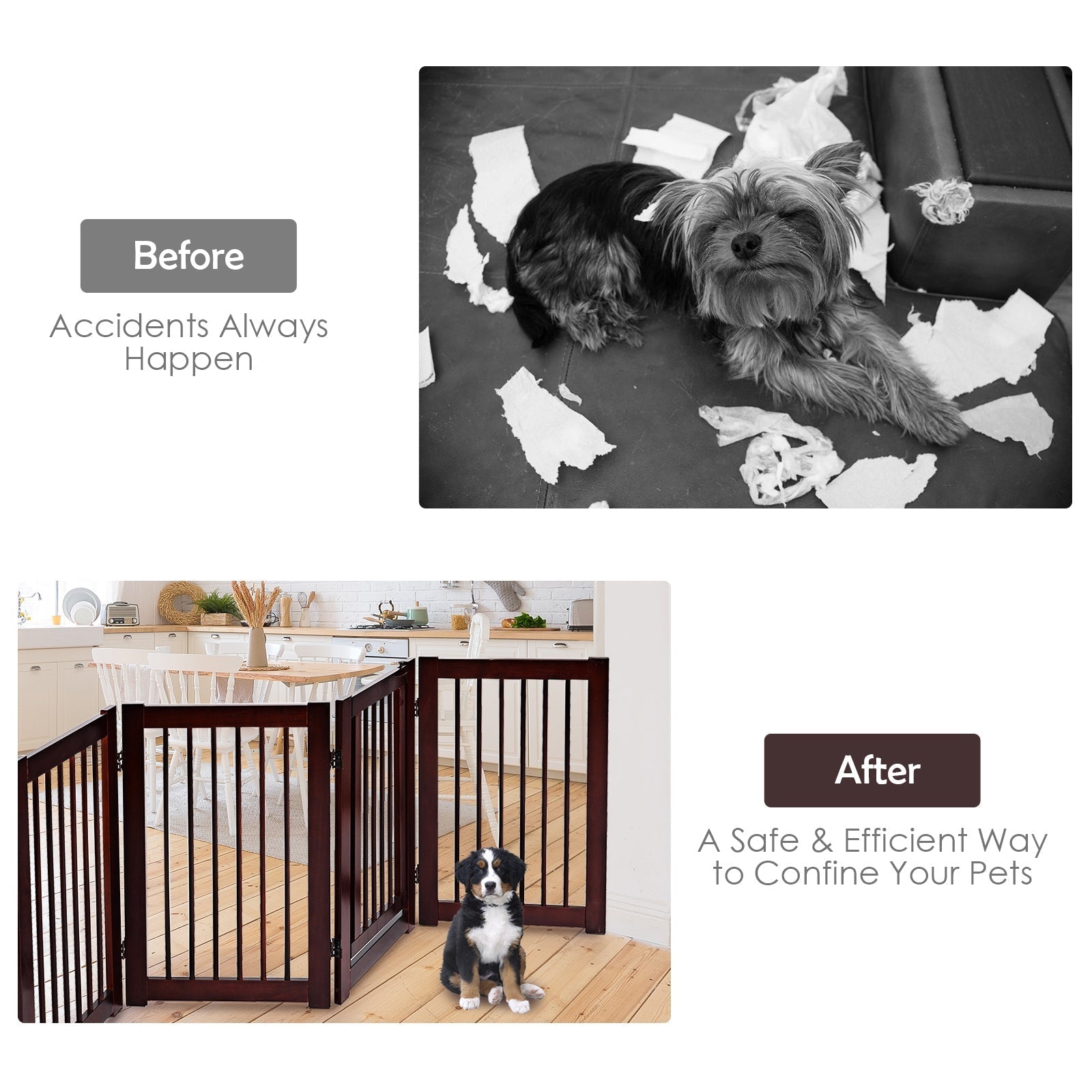 30 Inch Tall 4-Panel Freestanding Pet Gate Wooden Dog Fence