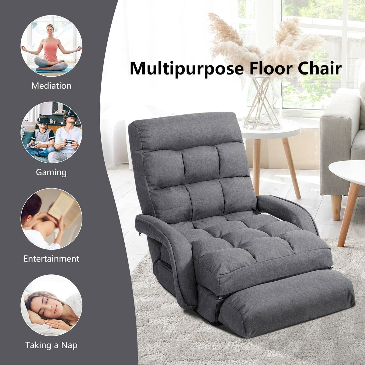 Folding Lazy Floor Chair Sofa with Armrests and Pillow