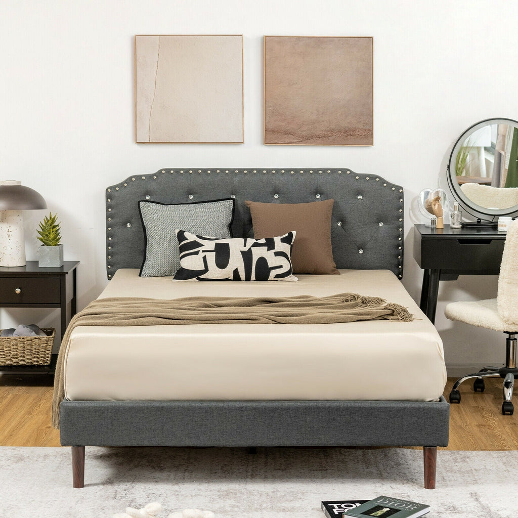 Upholstered Bed Frame with Adjustable Diamond Button Headboard