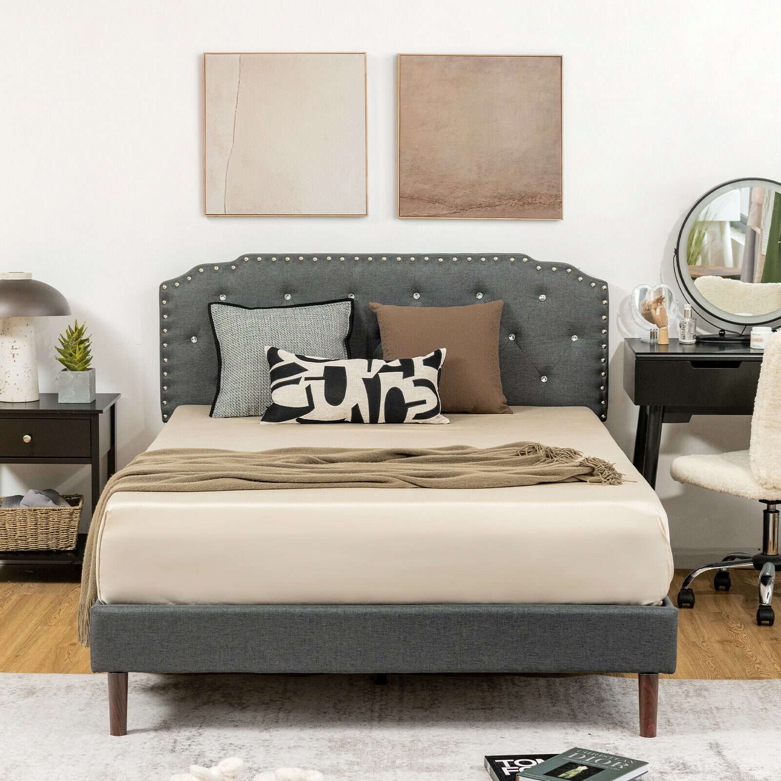 Upholstered Bed Frame with Adjustable Diamond Button Headboard